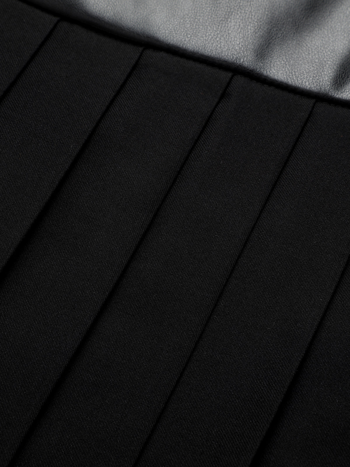 Buckle Detail Faux Leather Panel Pleated Midi Skirt-Chicvia