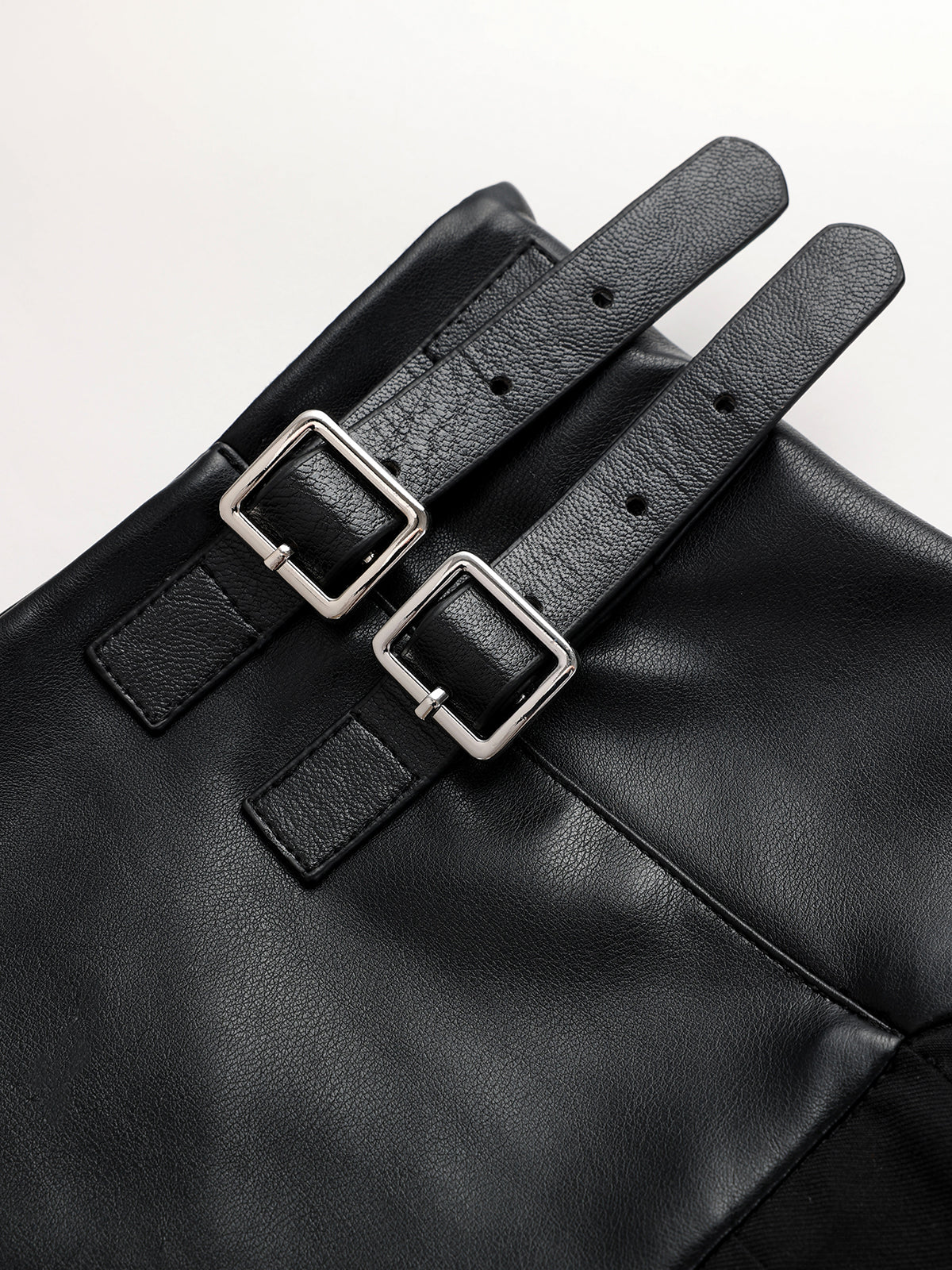 Buckle Detail Faux Leather Panel Pleated Midi Skirt-Chicvia