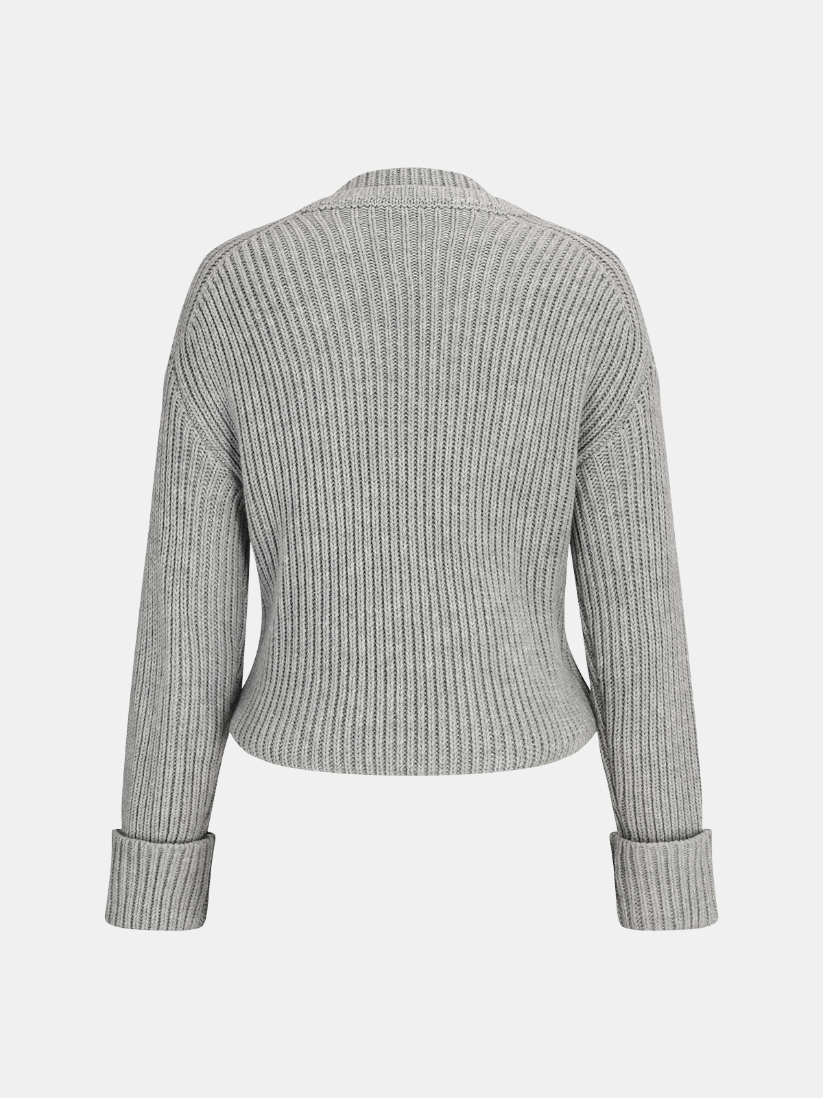 Cuffed Sleeve Ribbed Knit V-Neck Sweater-Chicvia