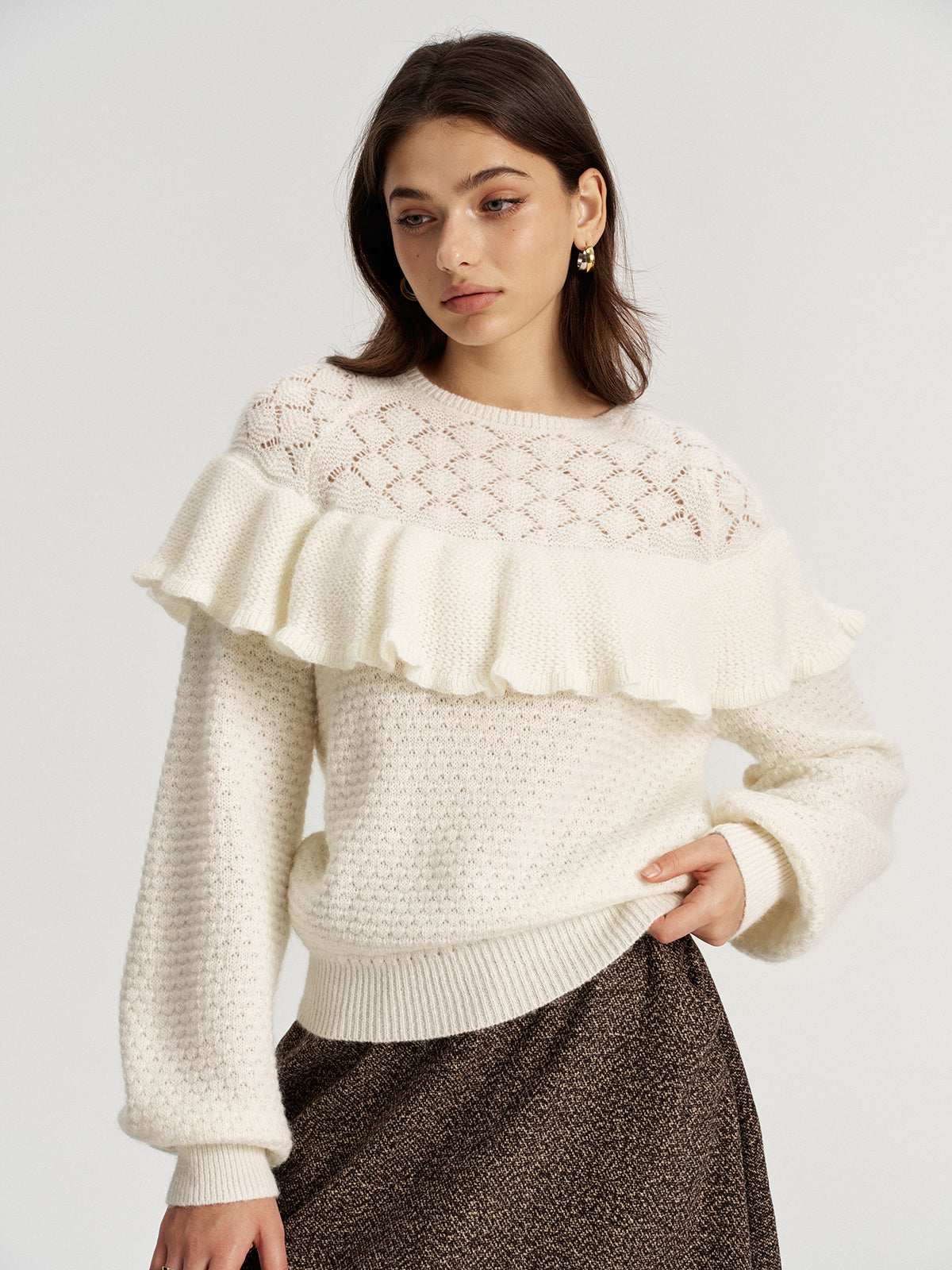 Mohair & Wool Blend Ruffle Pointelle Knit Top-Chicvia