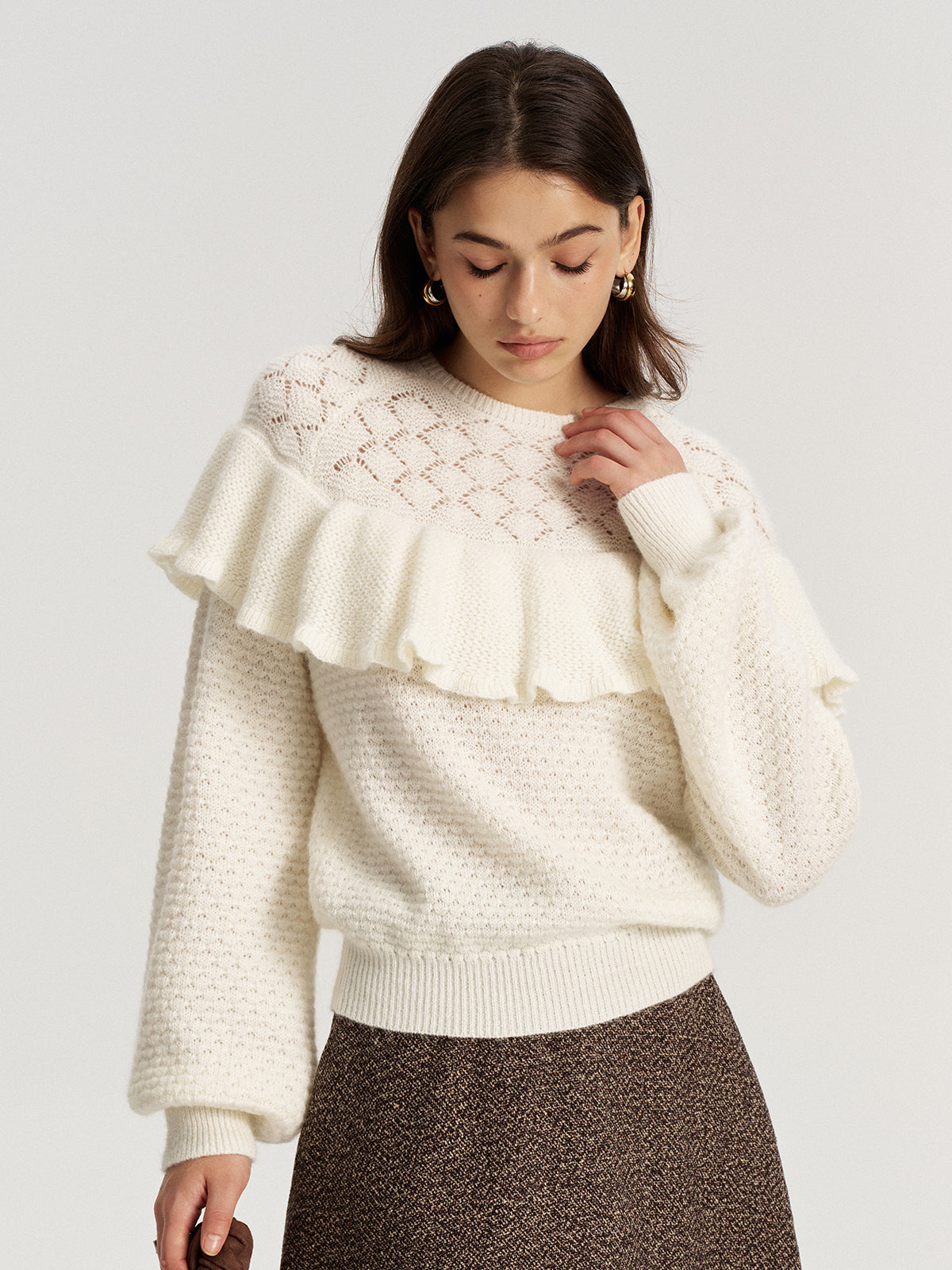 Mohair & Wool Blend Ruffle Pointelle Knit Top-Chicvia
