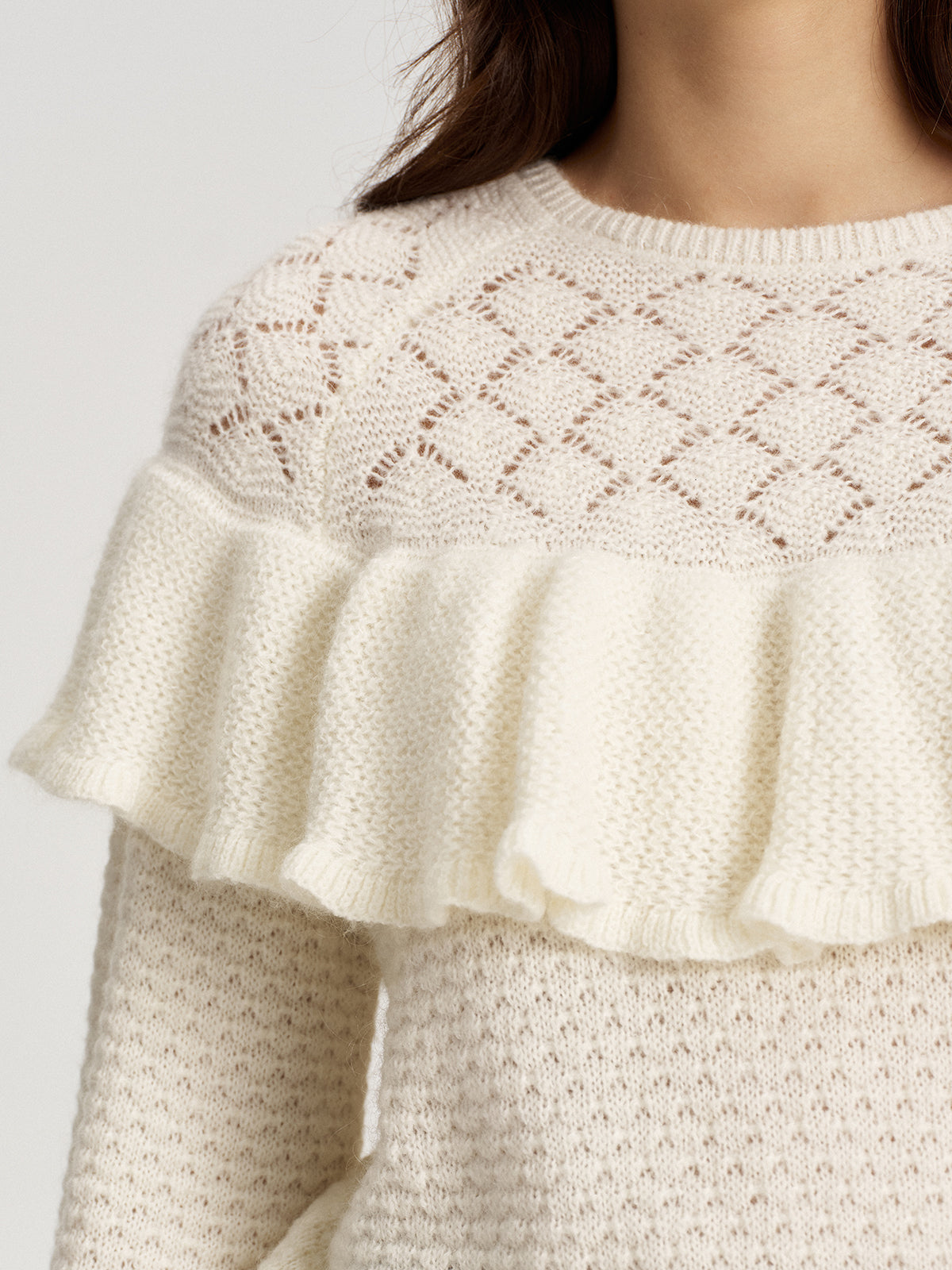 Mohair & Wool Blend Ruffle Pointelle Knit Top-Chicvia