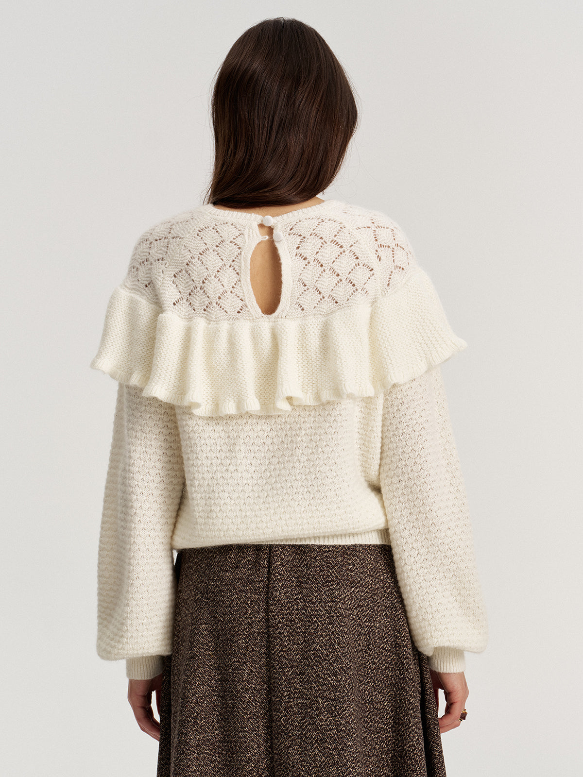 Mohair & Wool Blend Ruffle Pointelle Knit Top-Chicvia