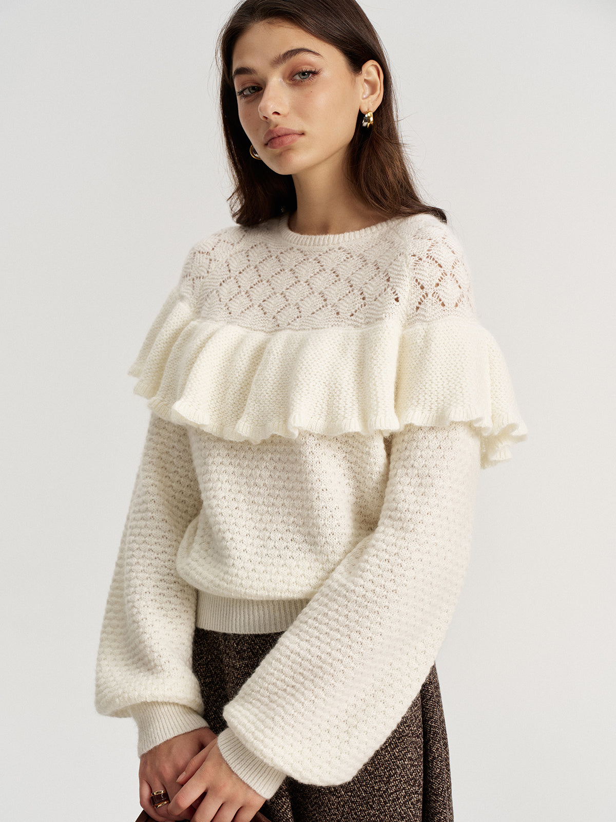 Mohair & Wool Blend Ruffle Pointelle Knit Top-Chicvia