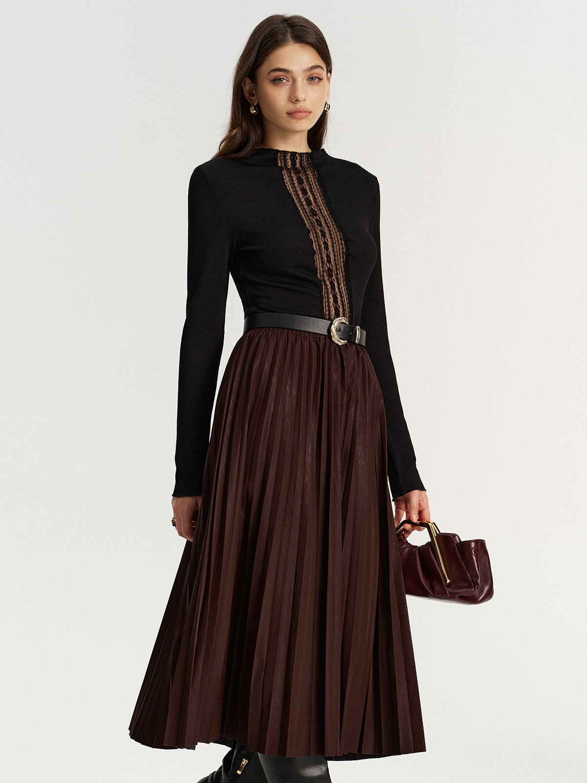 Lace Panel Textured Top-Chicvia