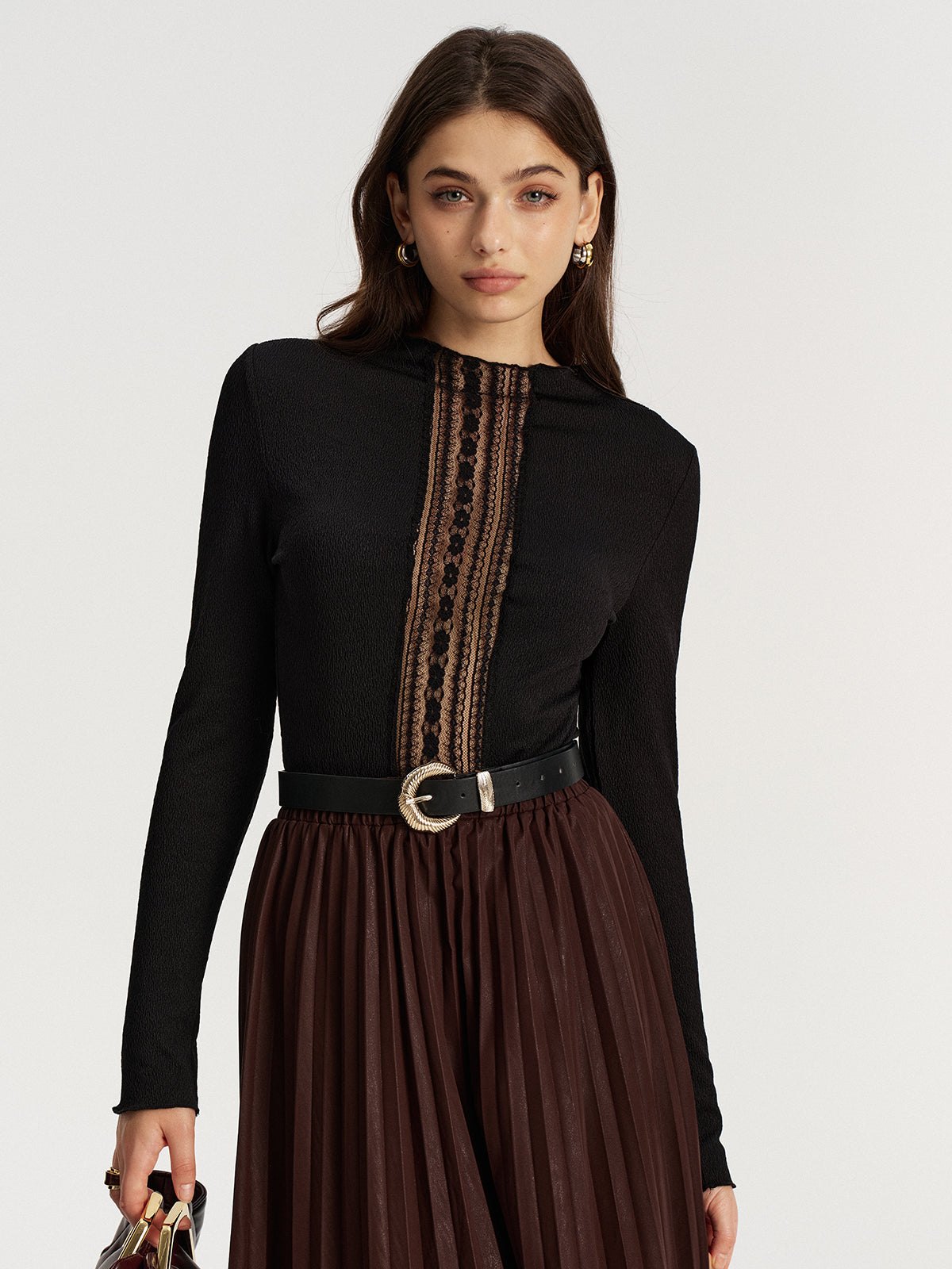 Lace Panel Textured Top-Chicvia