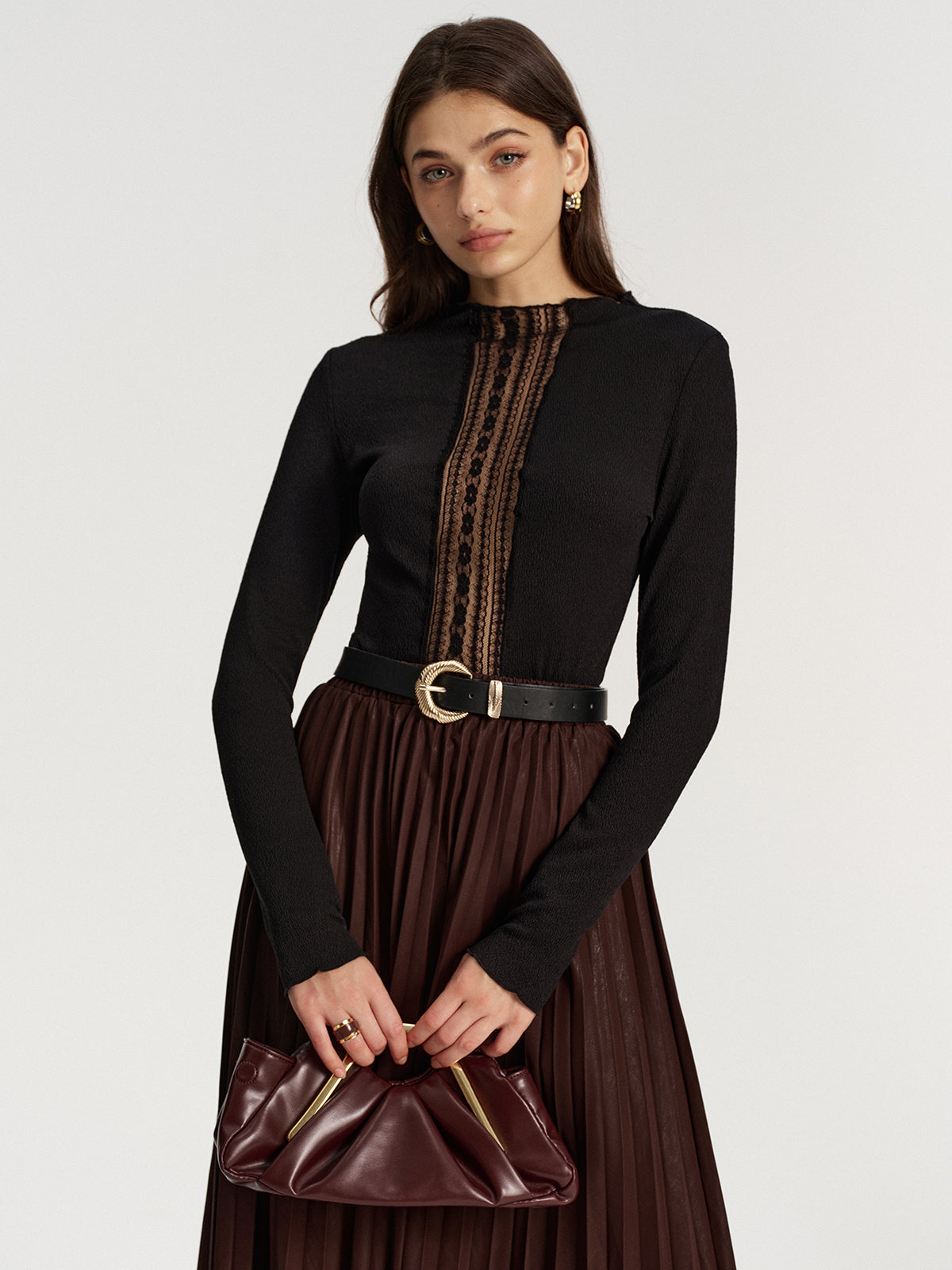 Lace Panel Textured Top-Chicvia