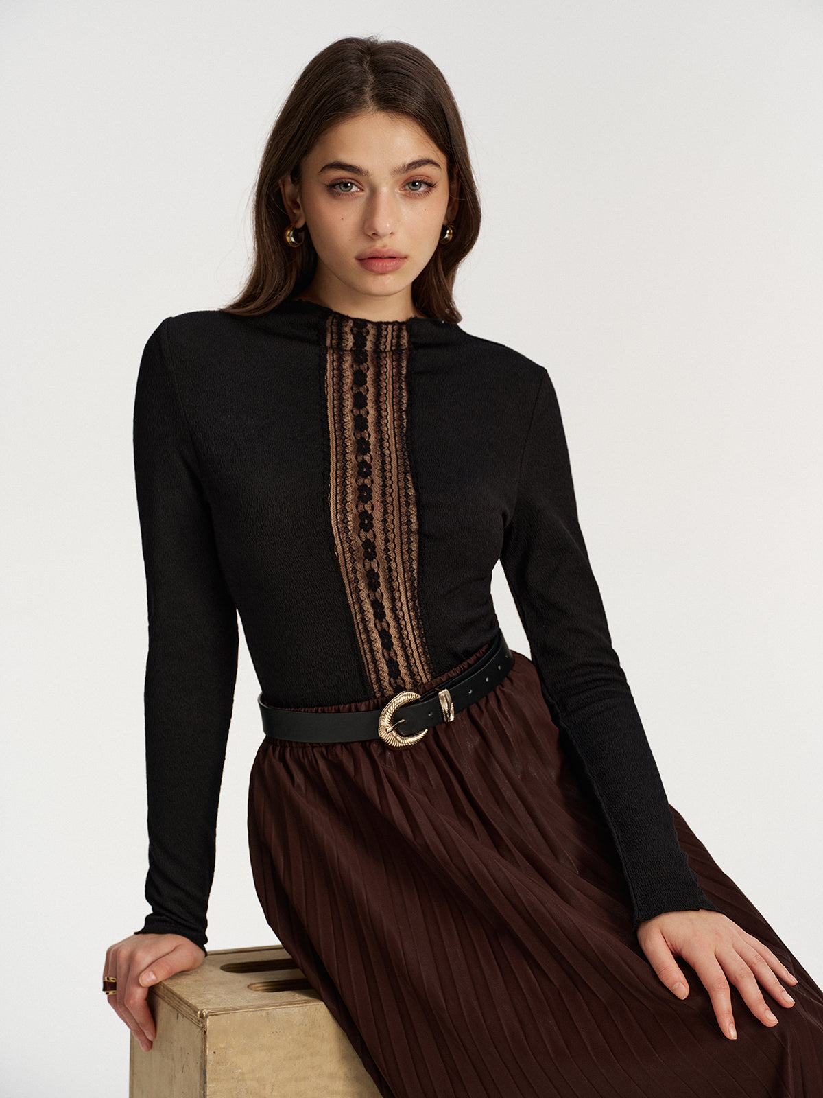 Lace Panel Textured Top-Chicvia