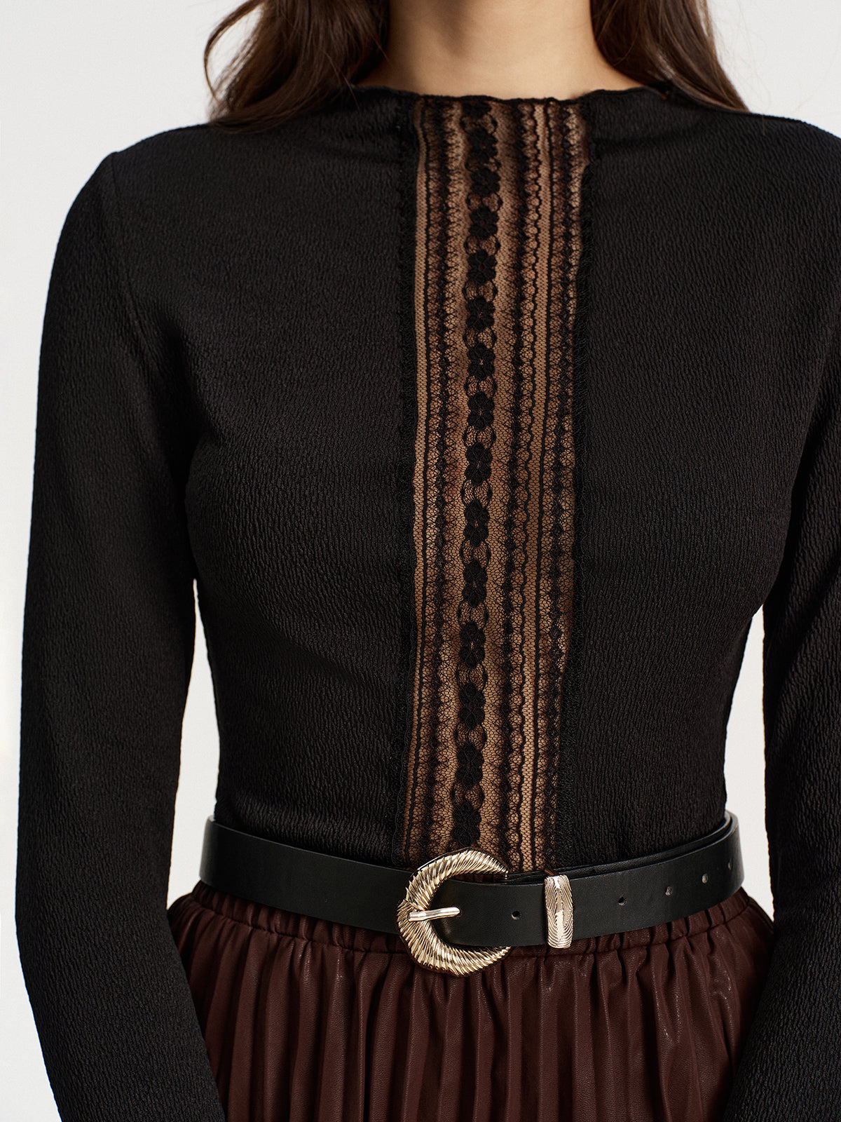 Lace Panel Textured Top-Chicvia