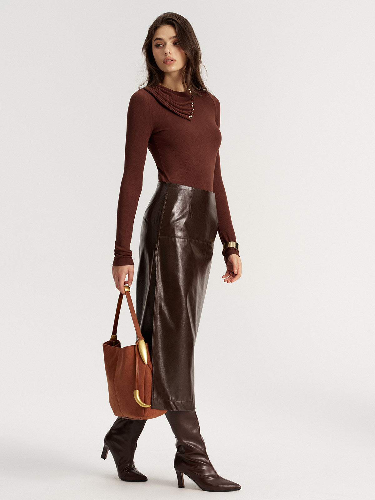 Drape Collar Backless Ribbed Knit Top-Chicvia