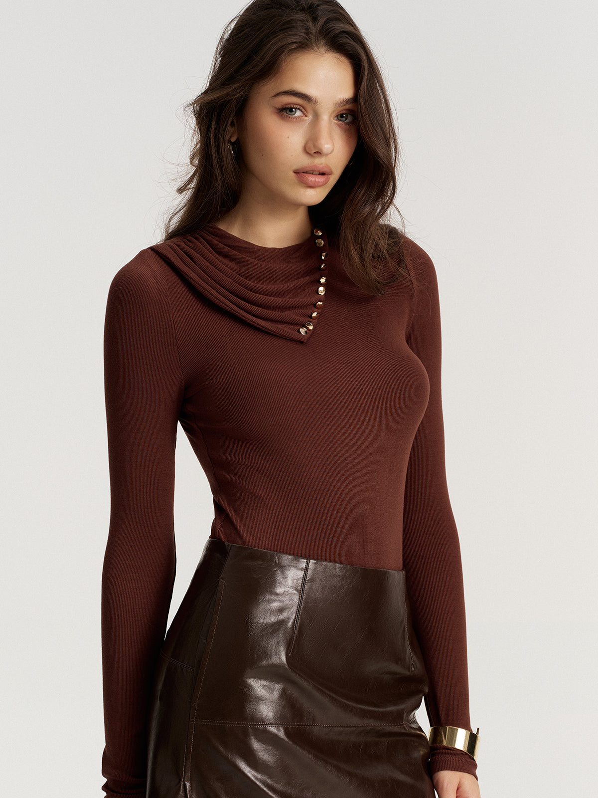 Drape Collar Backless Ribbed Knit Top-Chicvia
