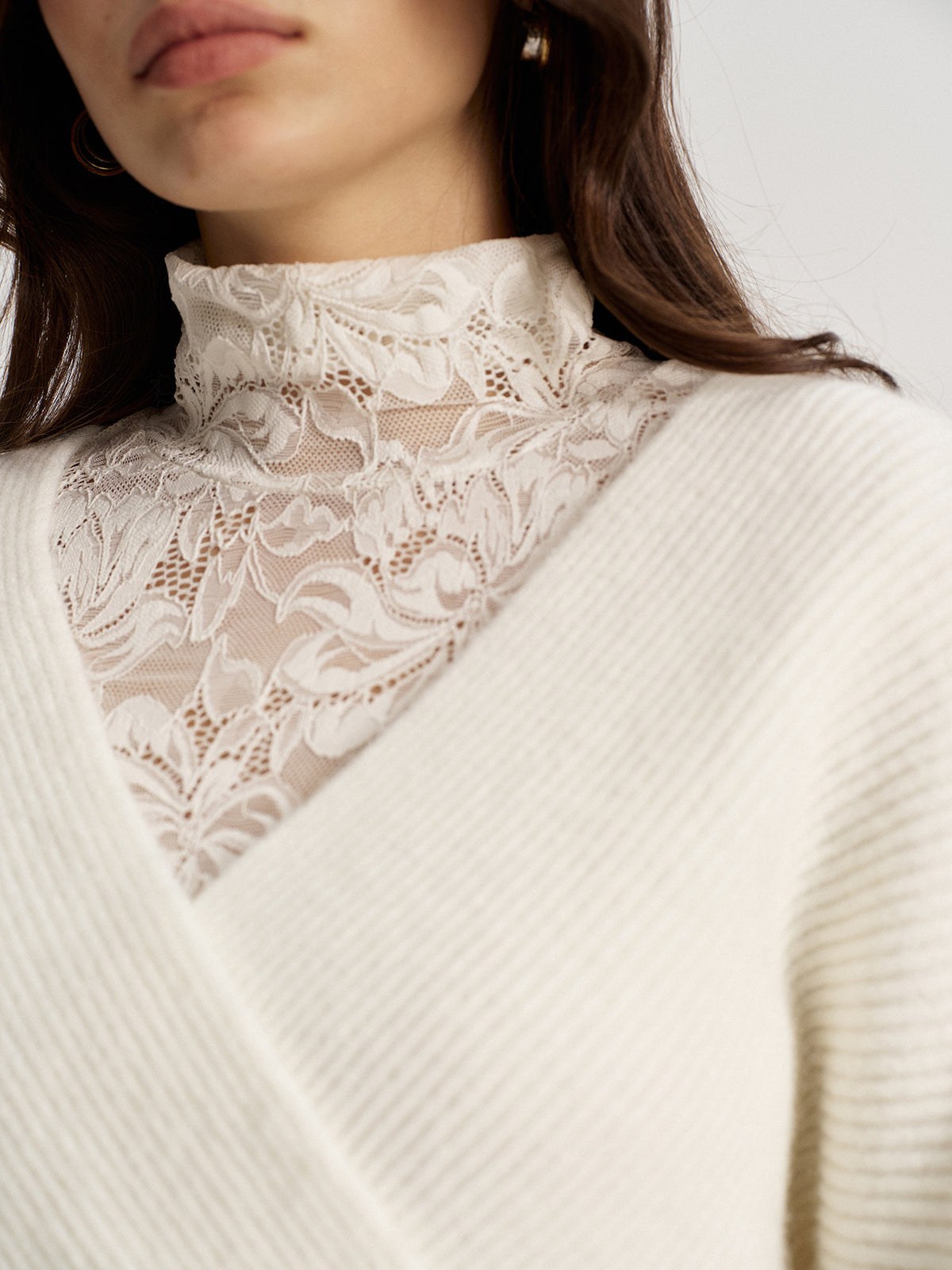 Lace Top and V Neck Sweater Two Piece Set-Chicvia