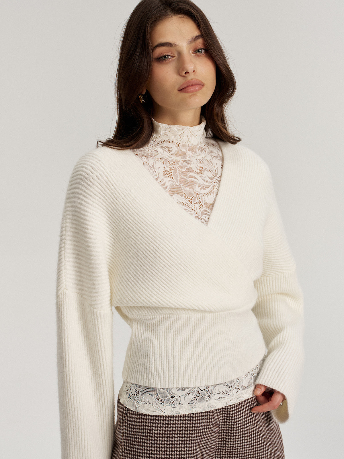 Lace Top and V Neck Sweater Two Piece Set-Chicvia