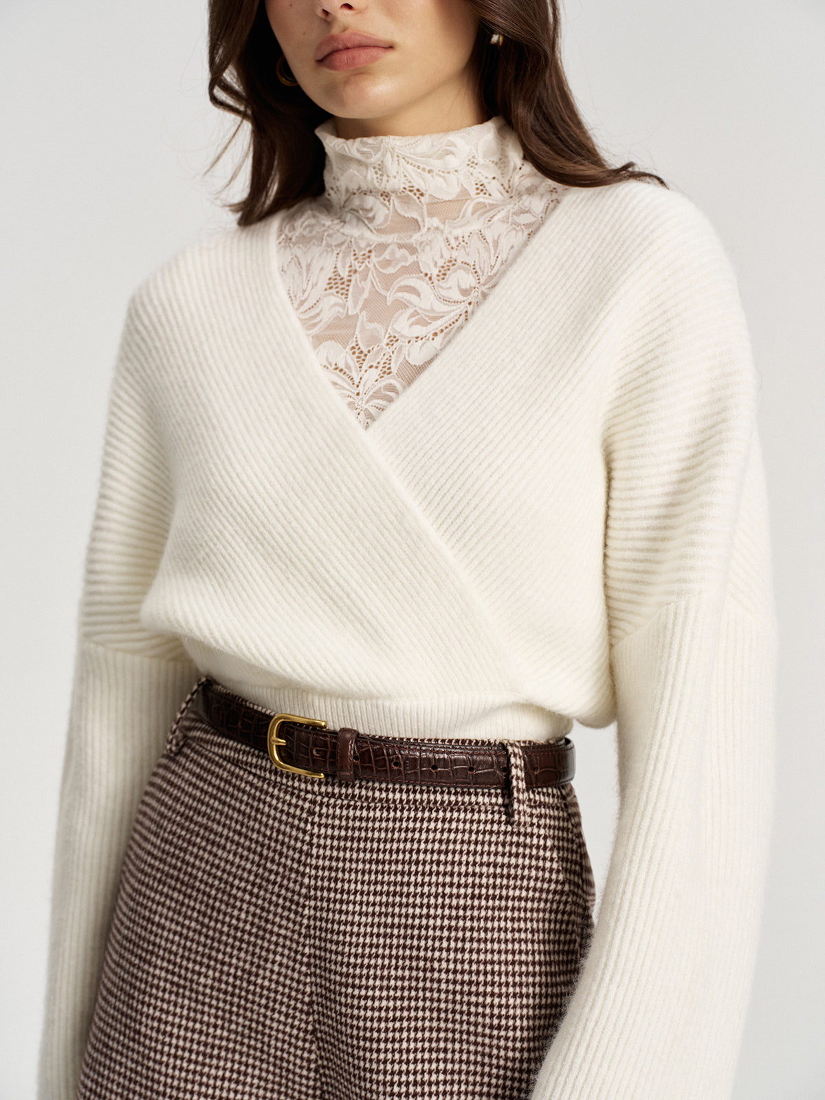 Lace Top and V Neck Sweater Two Piece Set-Chicvia