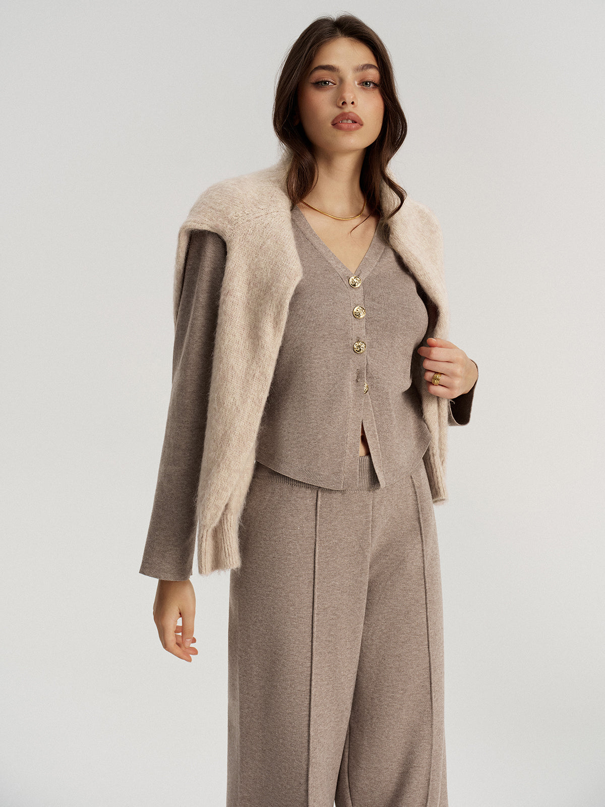 Metal Button V-Neck Knit Cardigan-Chicvia