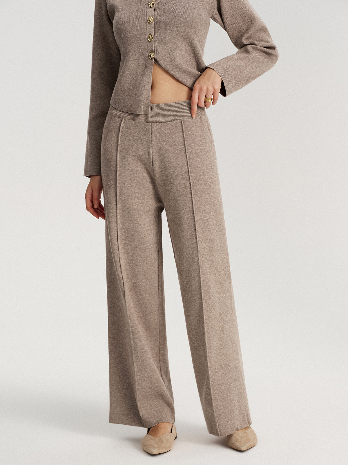 Mid-Waist Knit Wide-Leg Pants-Chicvia