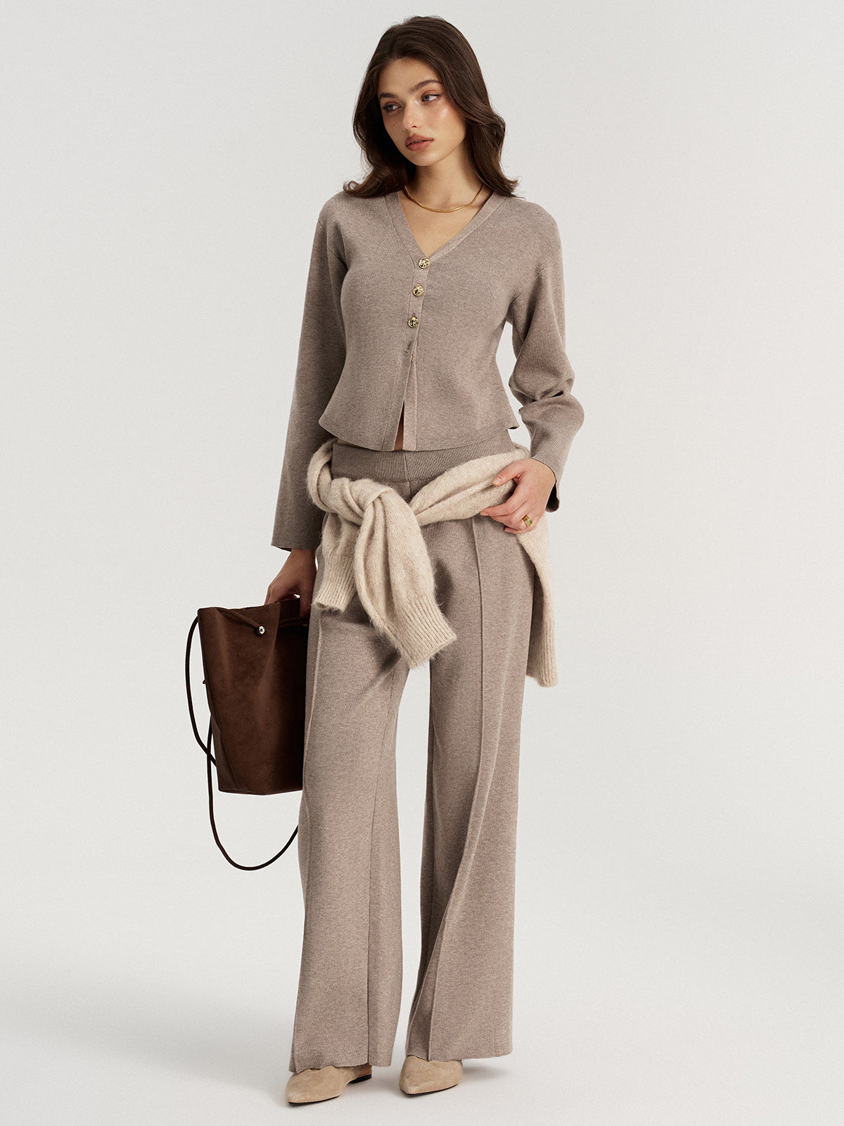 Mid-Waist Knit Wide-Leg Pants-Chicvia