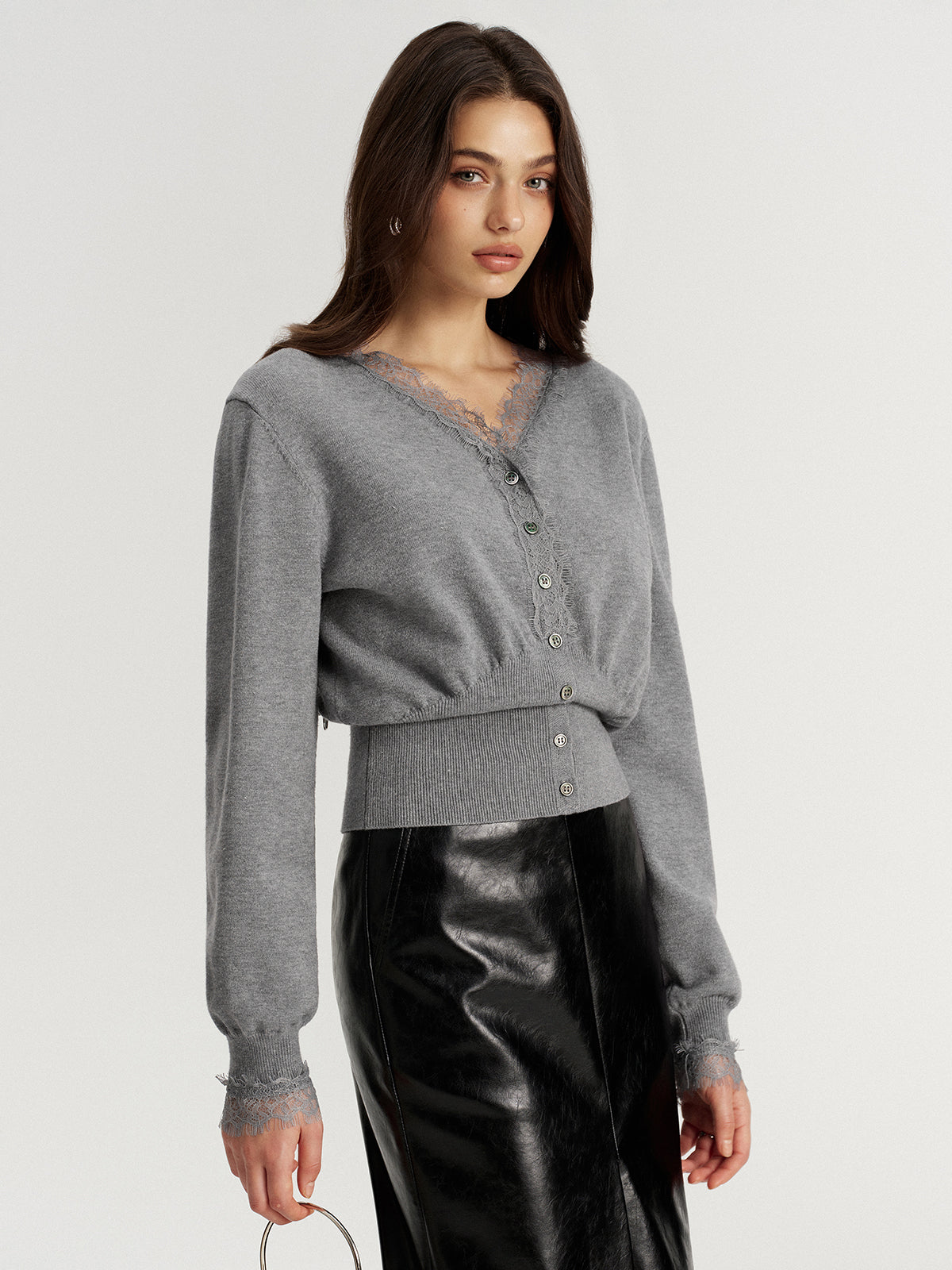 Lace Trim V-Neck Knit Cardigan-Chicvia