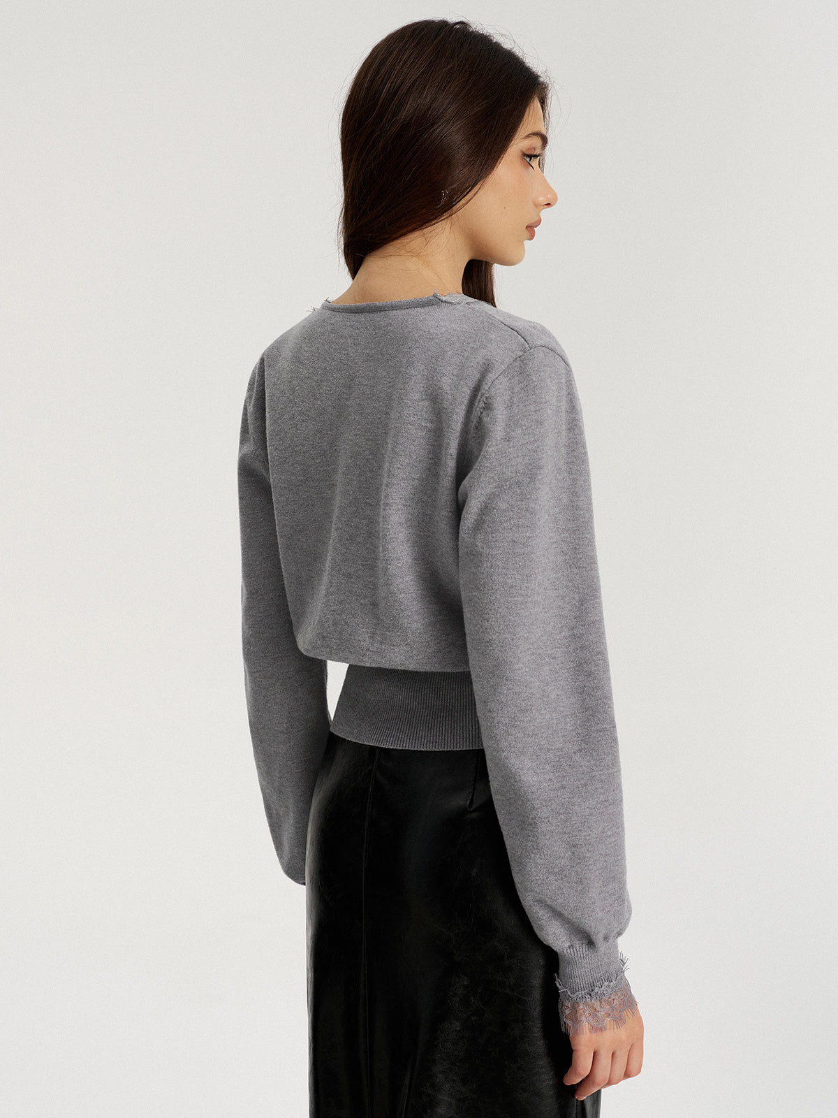 Lace Trim V-Neck Knit Cardigan-Chicvia