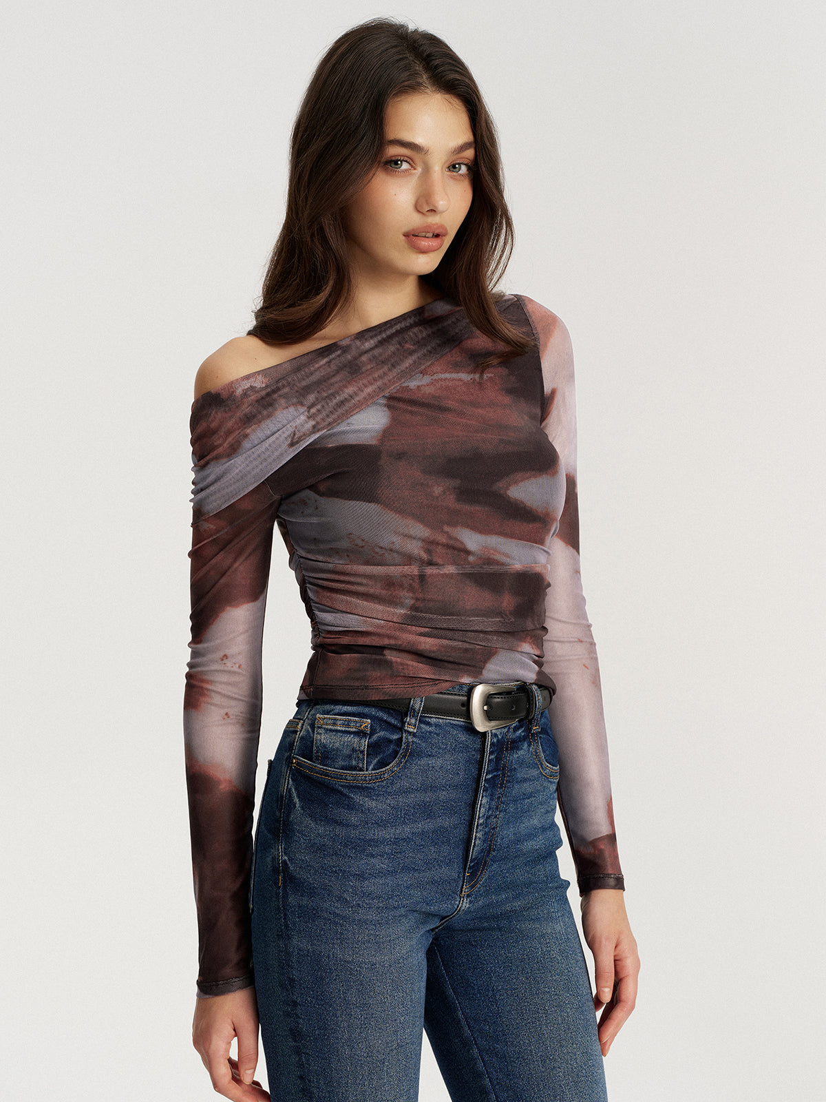 One Shoulder Abstract Print Mesh Ruched Top-Chicvia