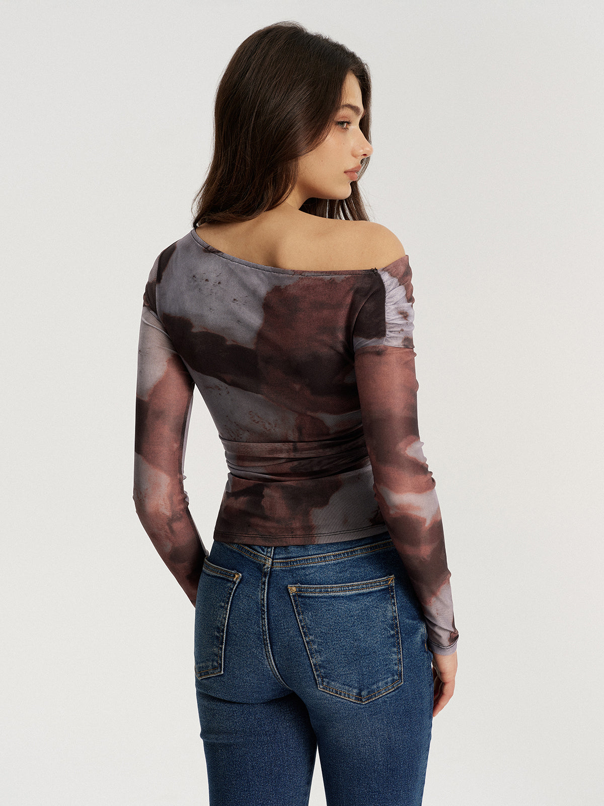 One Shoulder Abstract Print Mesh Ruched Top-Chicvia