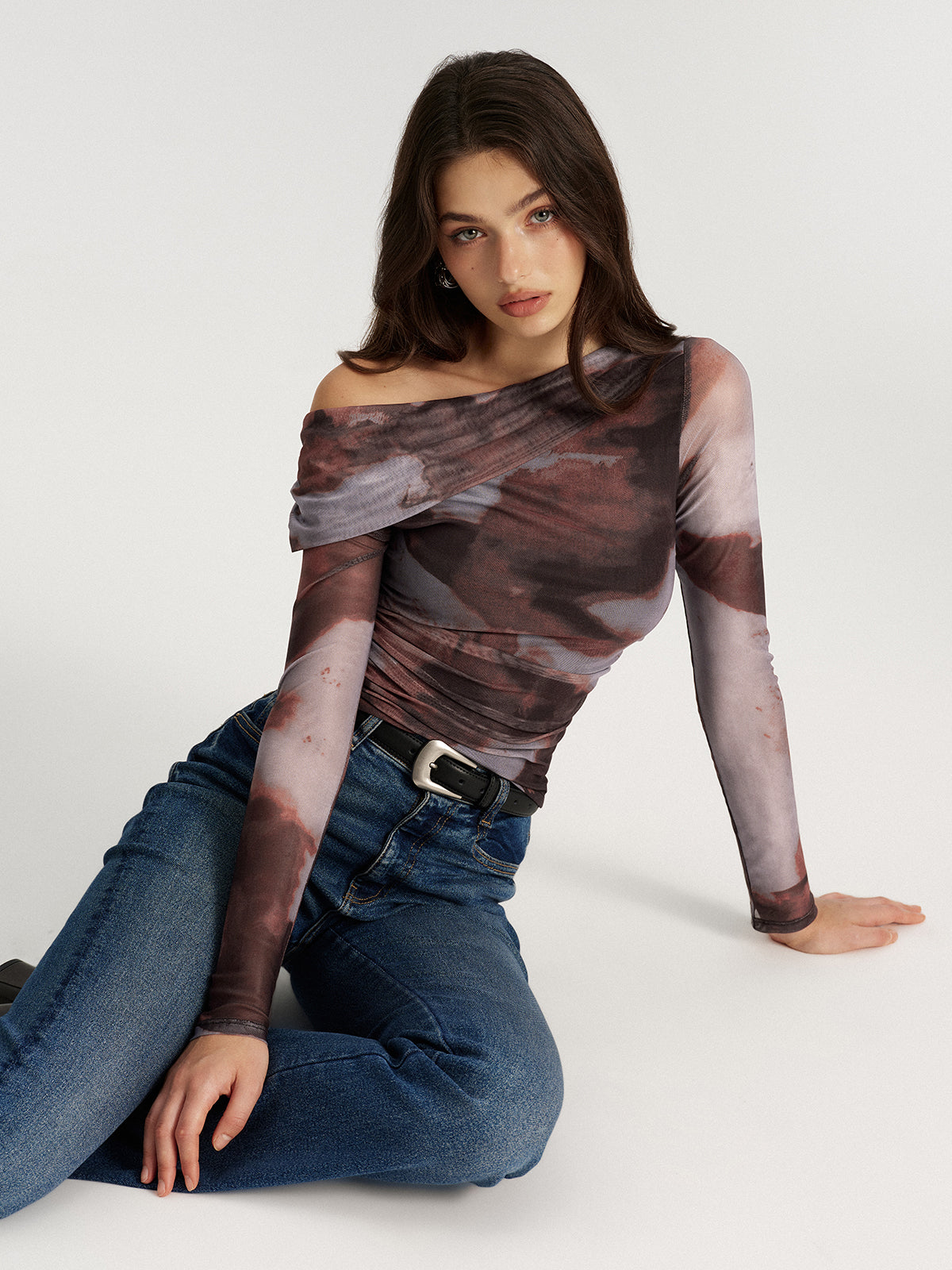 One Shoulder Abstract Print Mesh Ruched Top-Chicvia