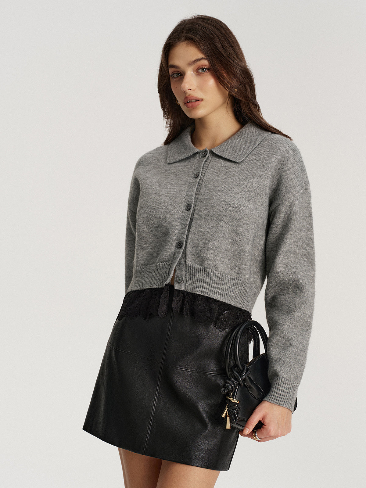 Lace Hem Collared Knit Cardigan-Chicvia