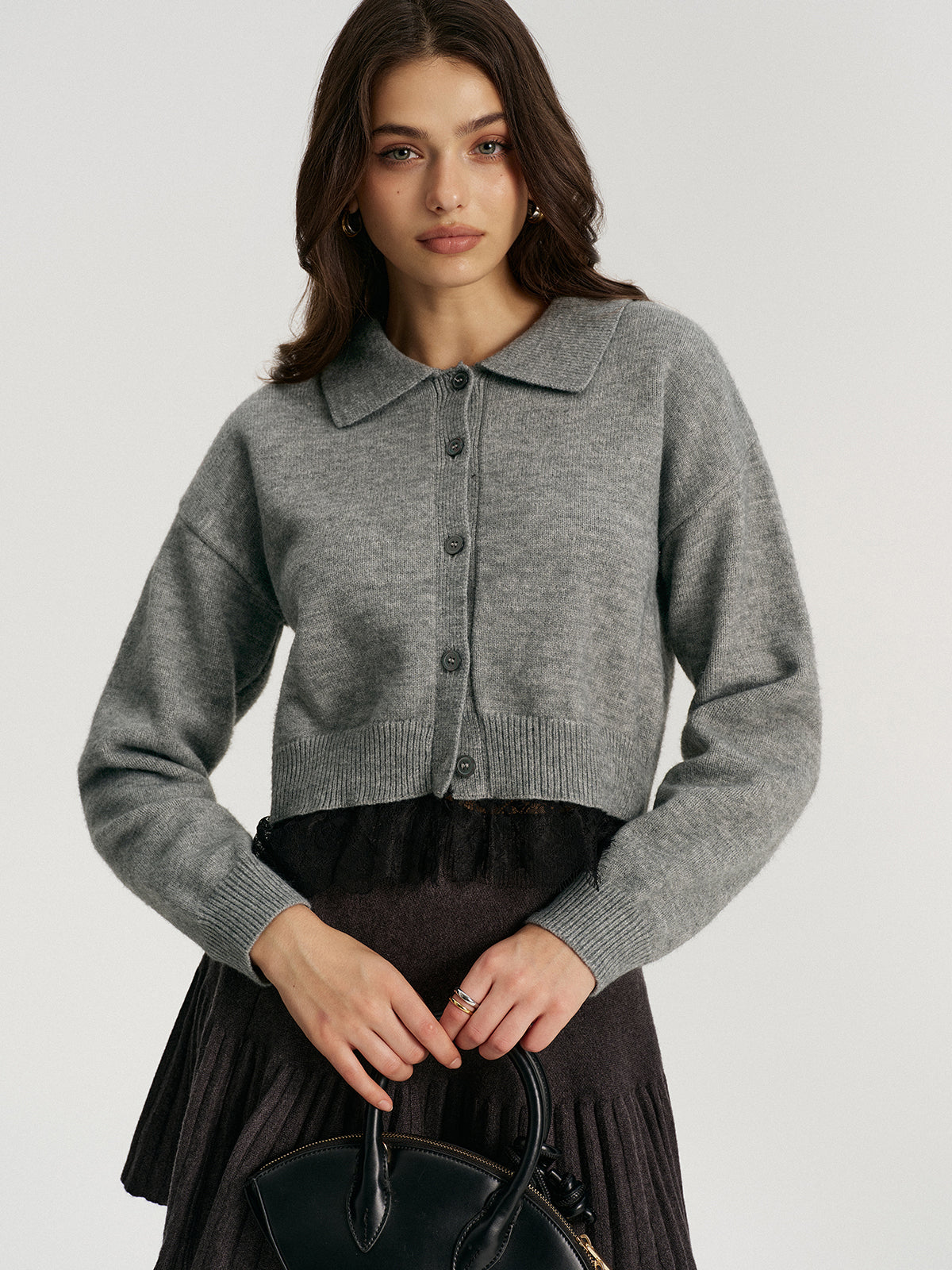 Lace Hem Collared Knit Cardigan-Chicvia