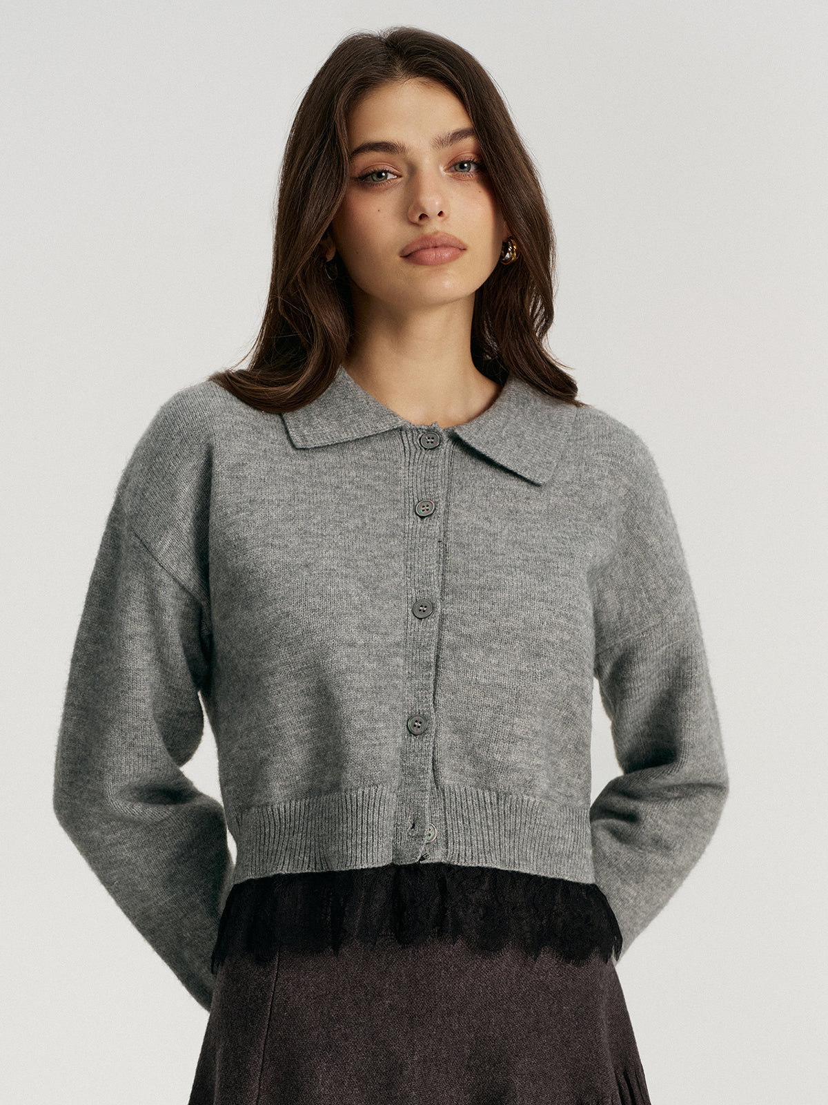 Lace Hem Collared Knit Cardigan-Chicvia