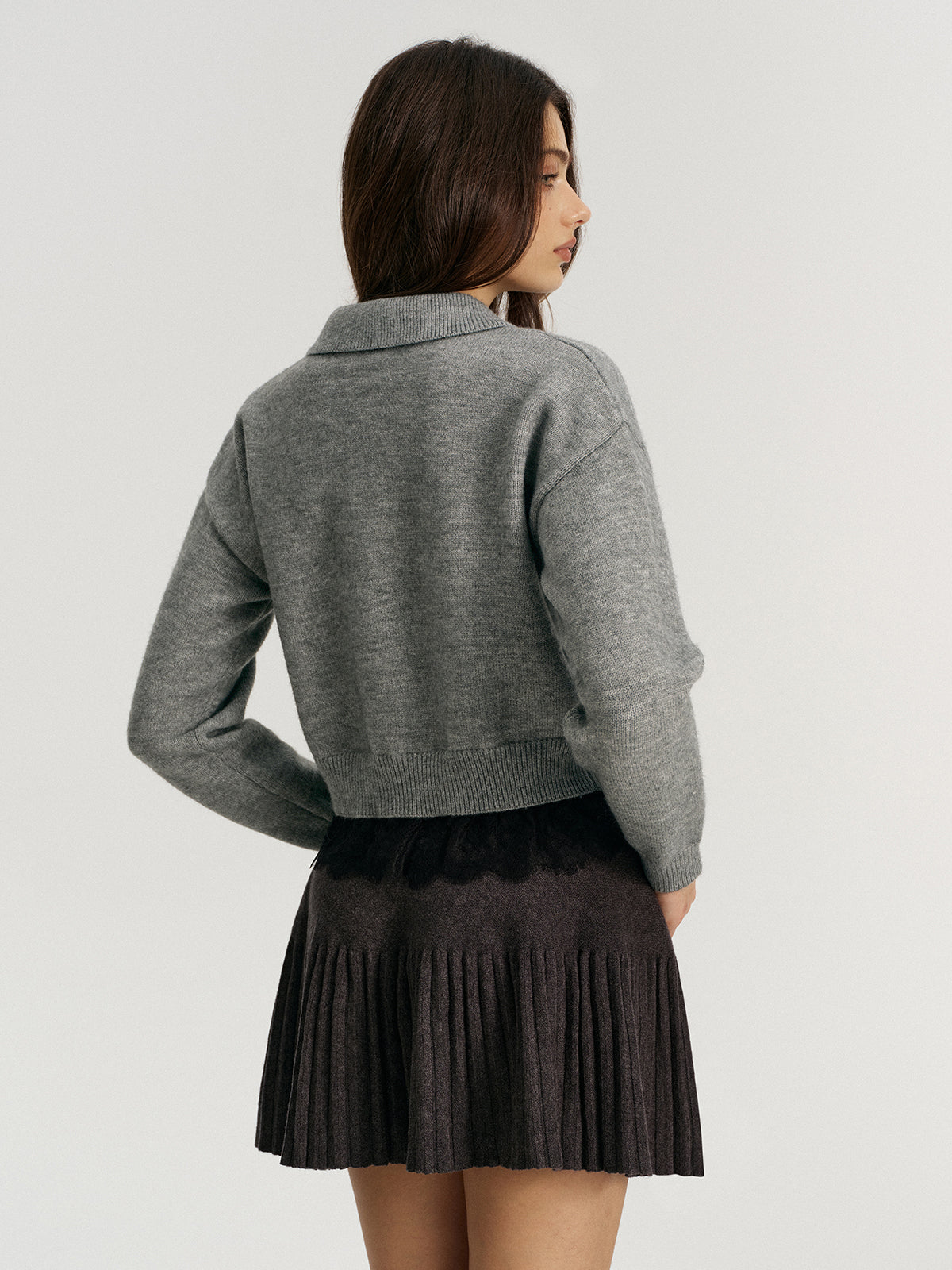 Lace Hem Collared Knit Cardigan-Chicvia