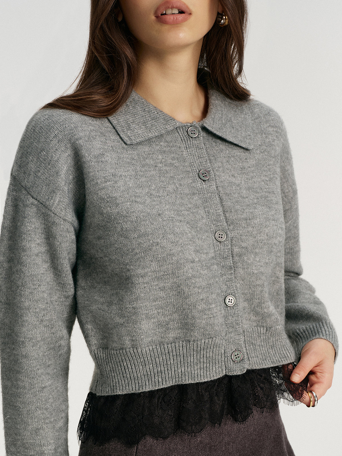 Lace Hem Collared Knit Cardigan-Chicvia