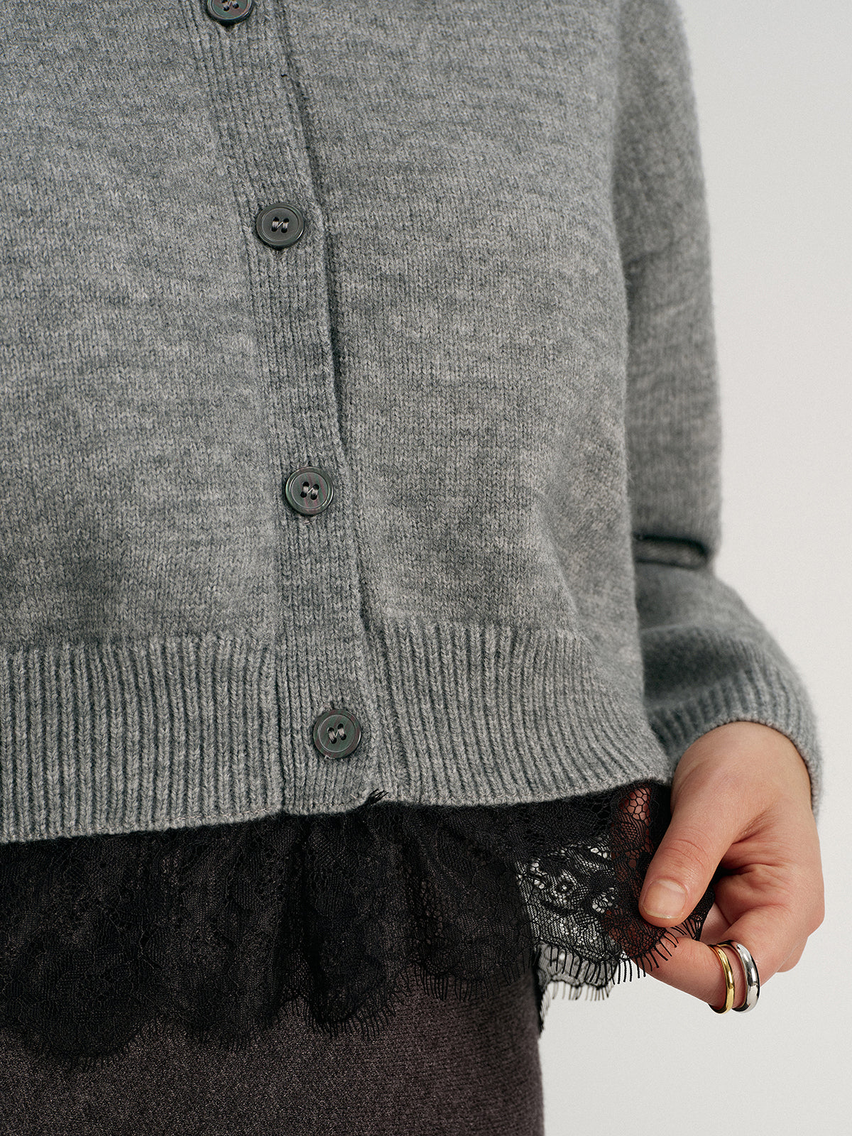 Lace Hem Collared Knit Cardigan-Chicvia