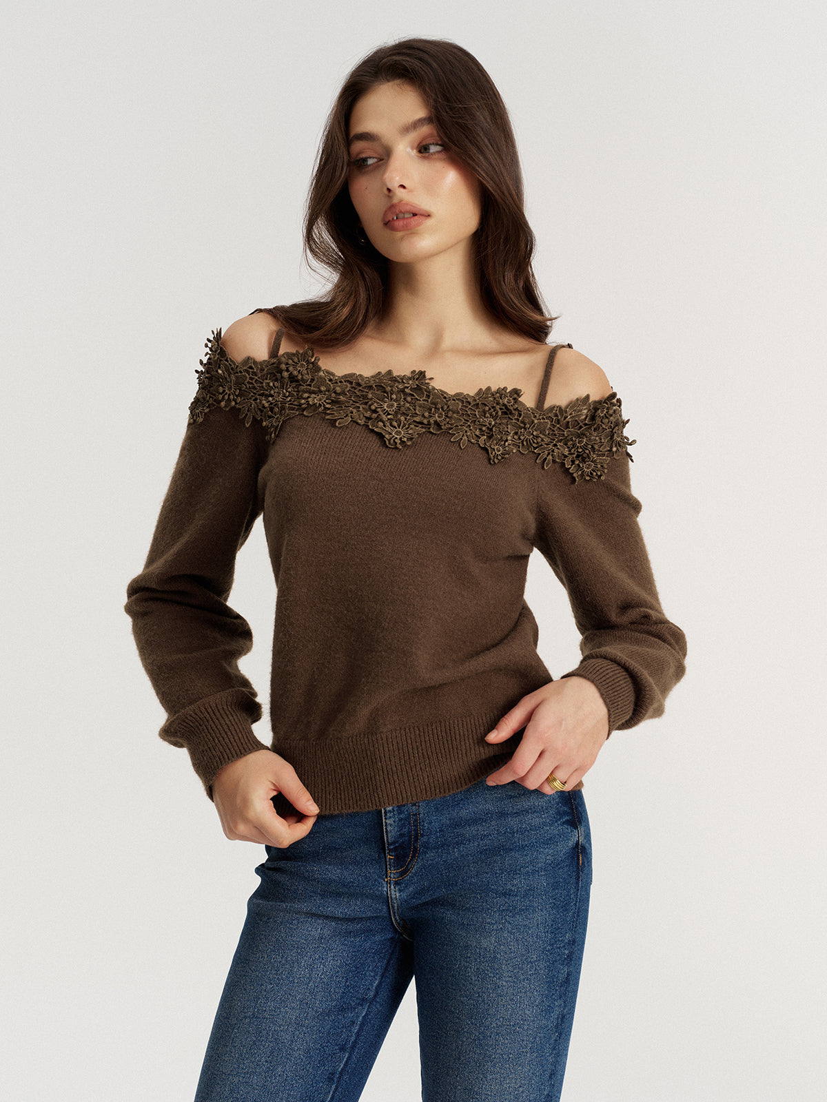 Off Shoulder Floral Lace Trim Sweater-Chicvia