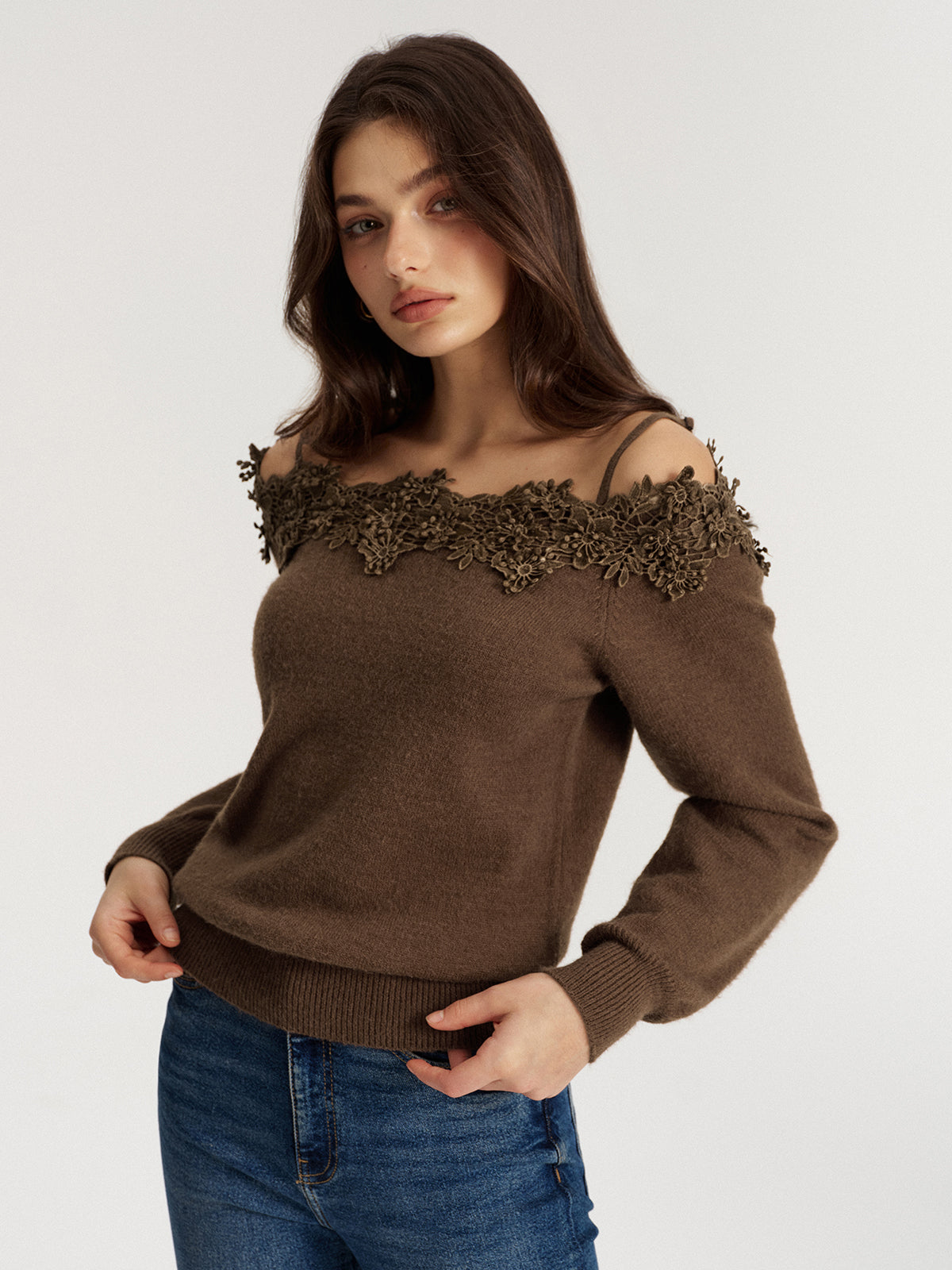 Off Shoulder Floral Lace Trim Sweater-Chicvia