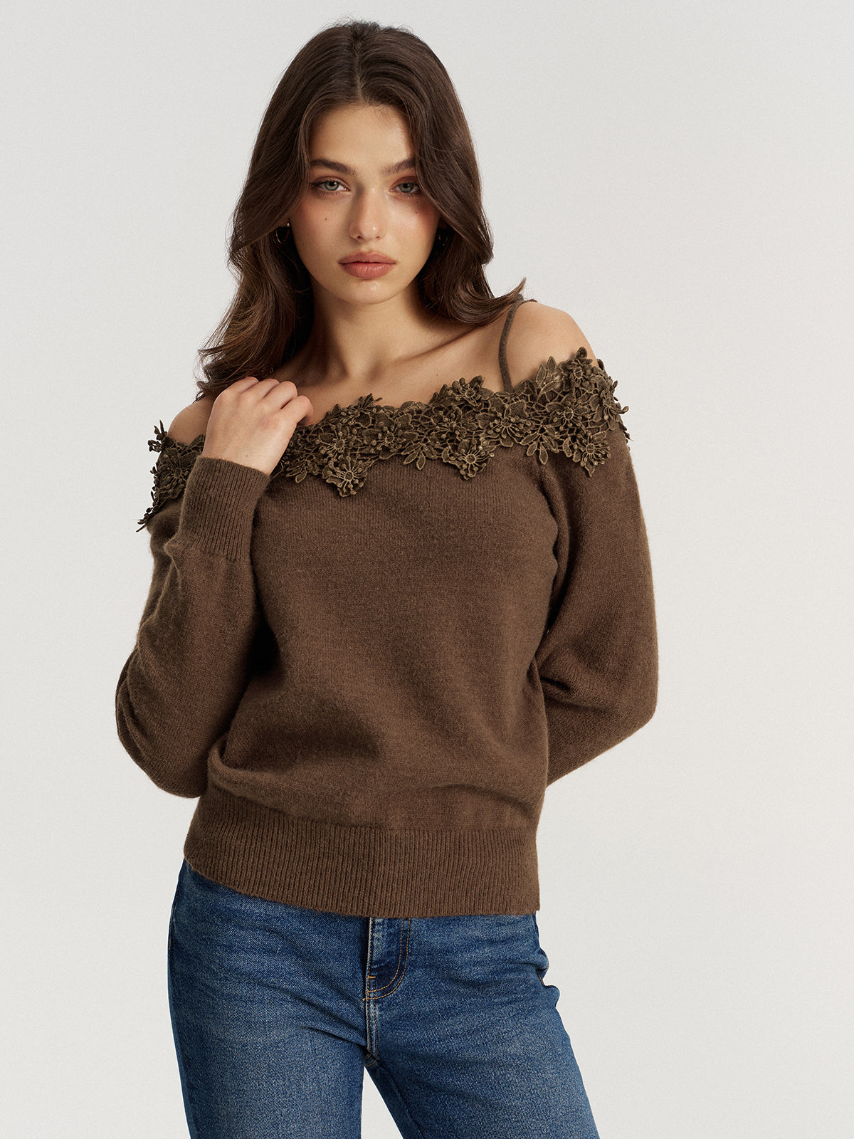 Off Shoulder Floral Lace Trim Sweater-Chicvia