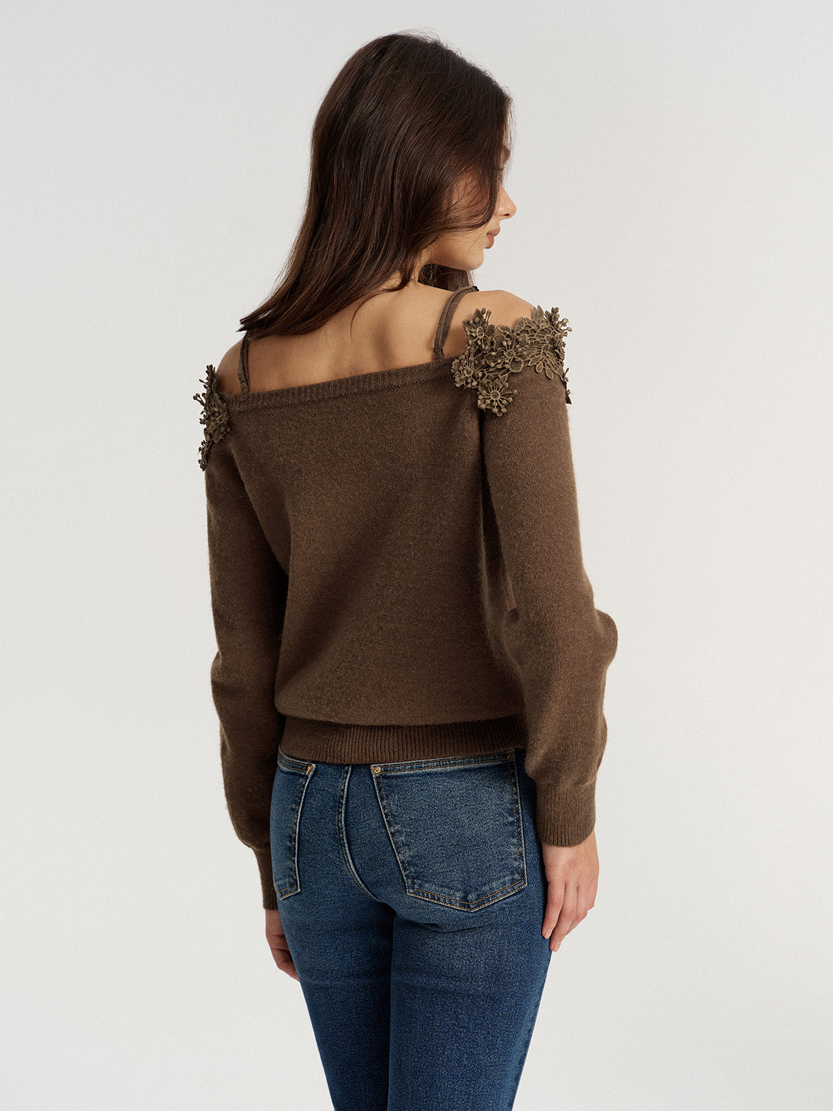 Off Shoulder Floral Lace Trim Sweater-Chicvia