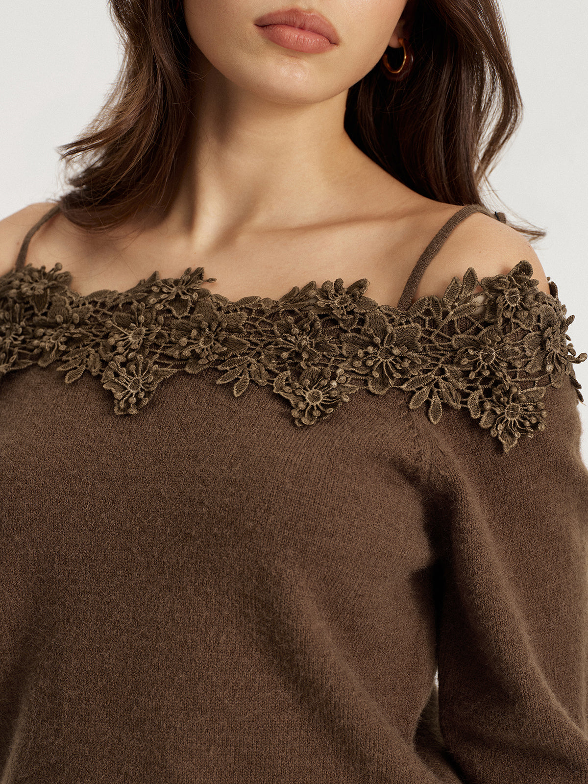 Off Shoulder Floral Lace Trim Sweater-Chicvia