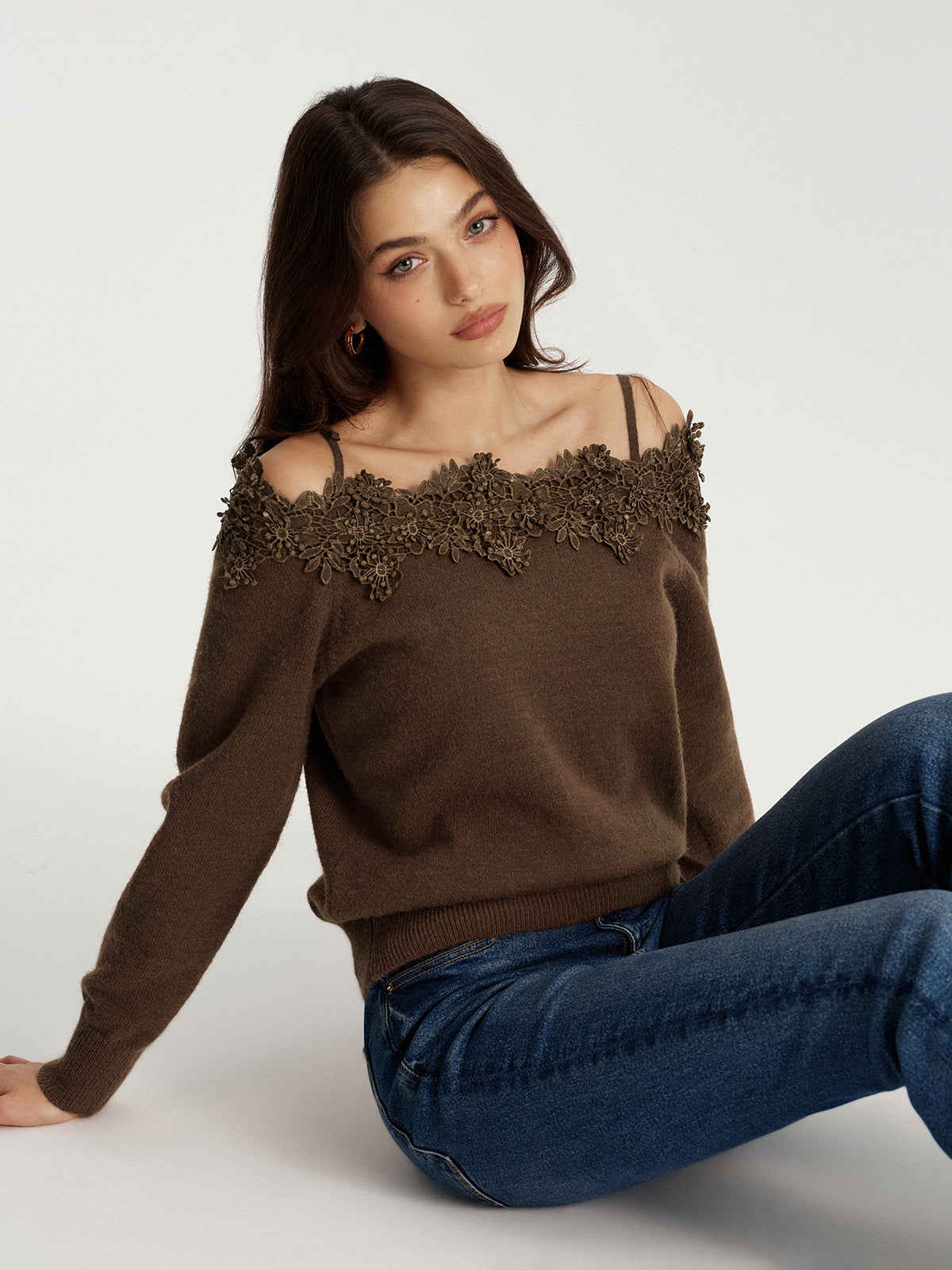 Off Shoulder Floral Lace Trim Sweater-Chicvia