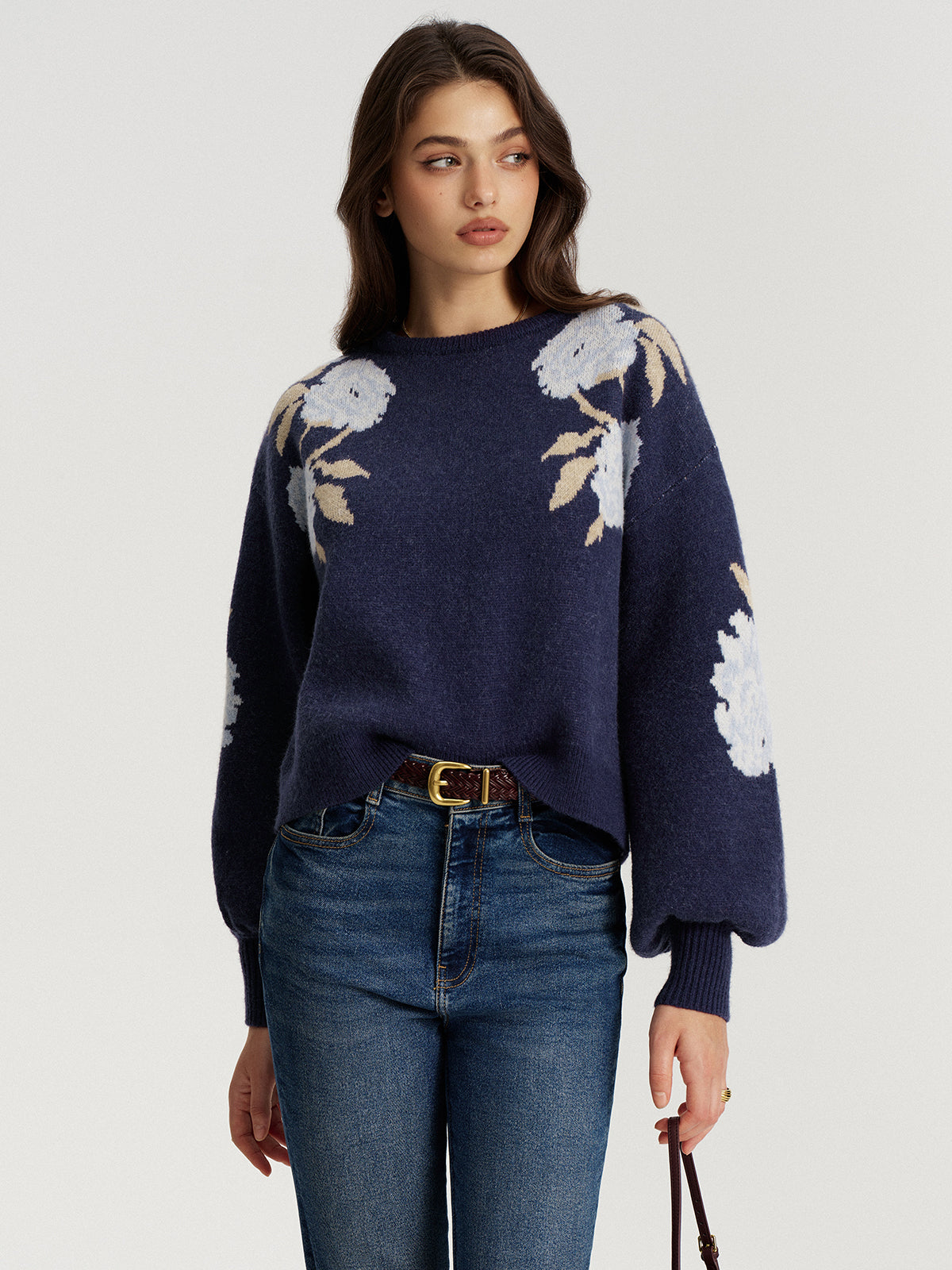 Floral Jacquard Balloon Sleeve Knit Top-Chicvia