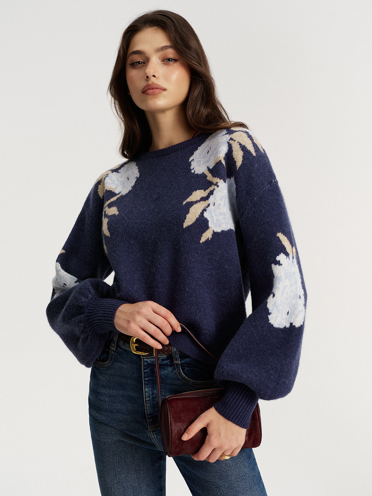 Floral Jacquard Balloon Sleeve Knit Top-Chicvia