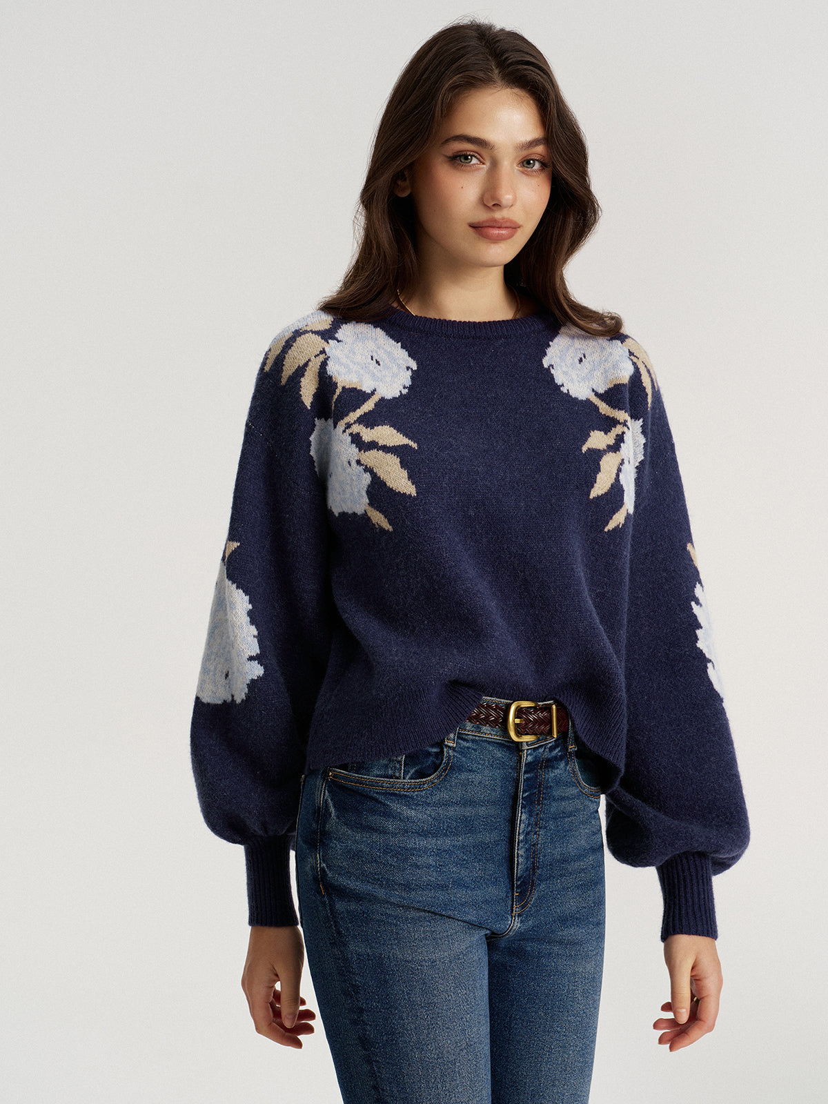 Floral Jacquard Balloon Sleeve Knit Top-Chicvia