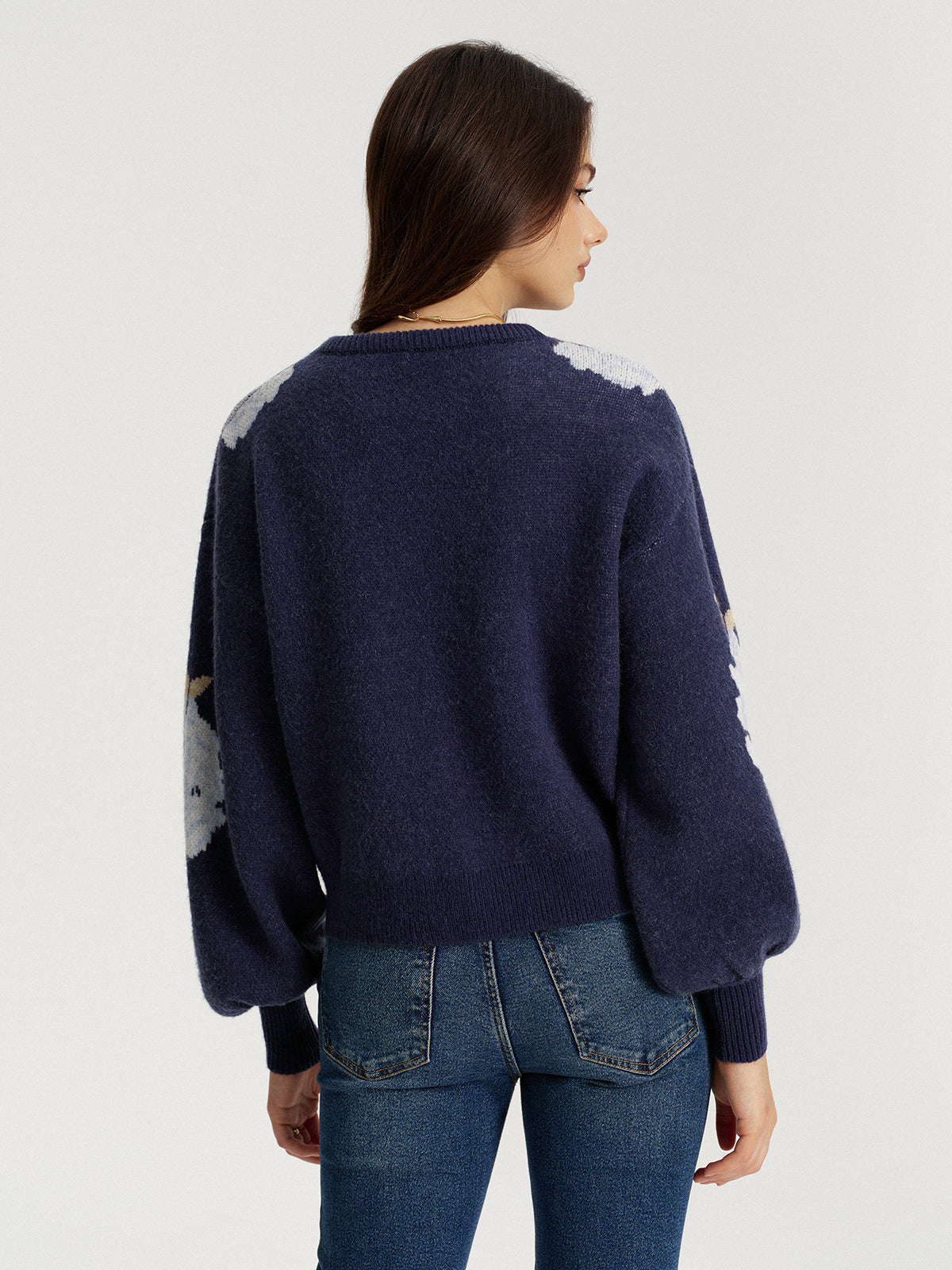 Floral Jacquard Balloon Sleeve Knit Top-Chicvia