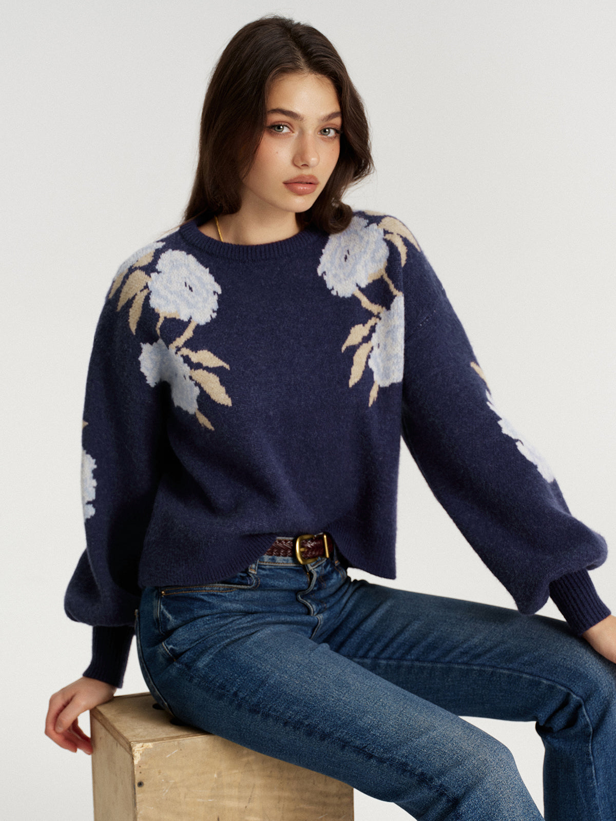 Floral Jacquard Balloon Sleeve Knit Top-Chicvia
