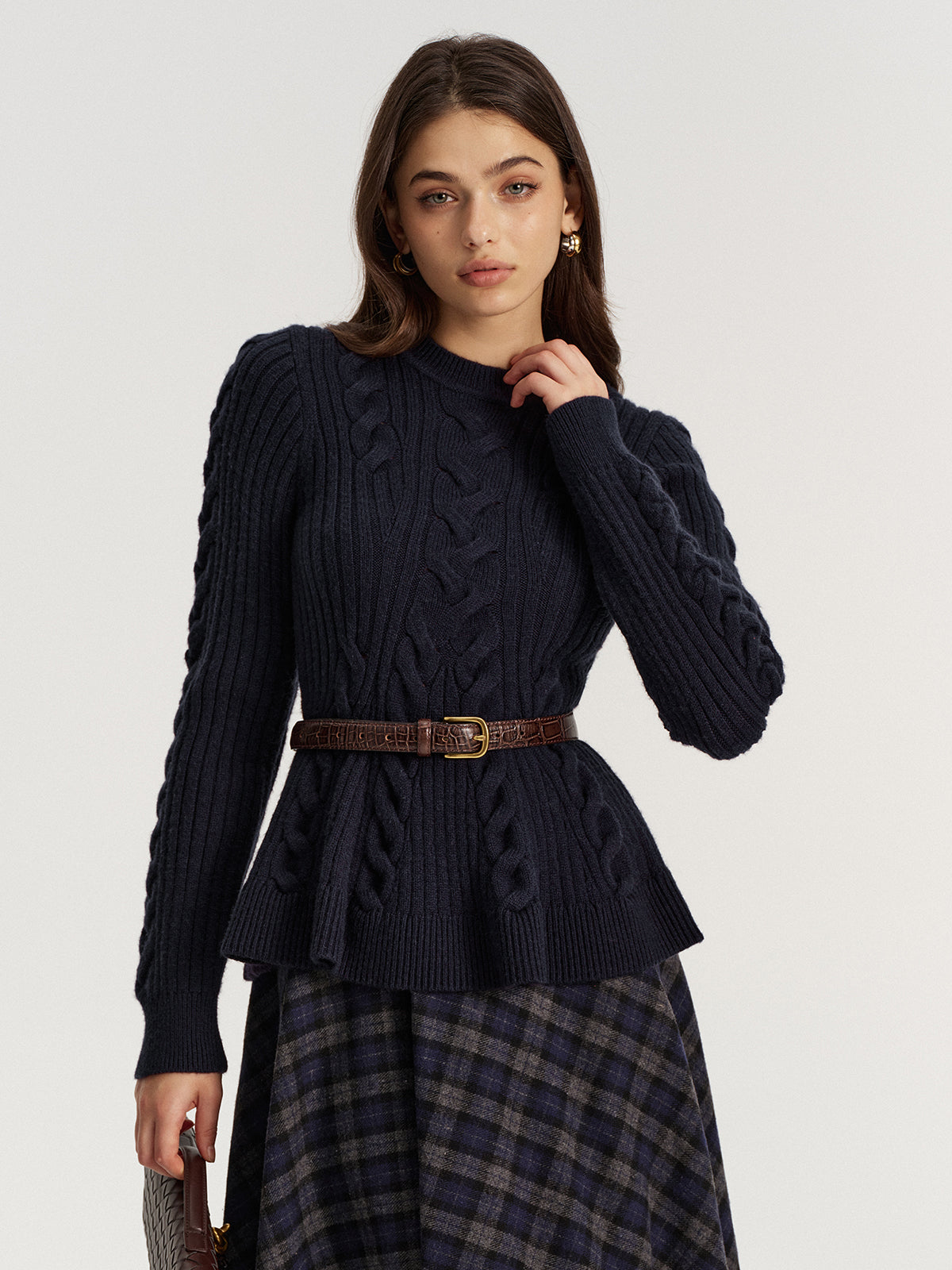 Cashmere-Blend Cable-Knit Sweater without Belt-Chicvia