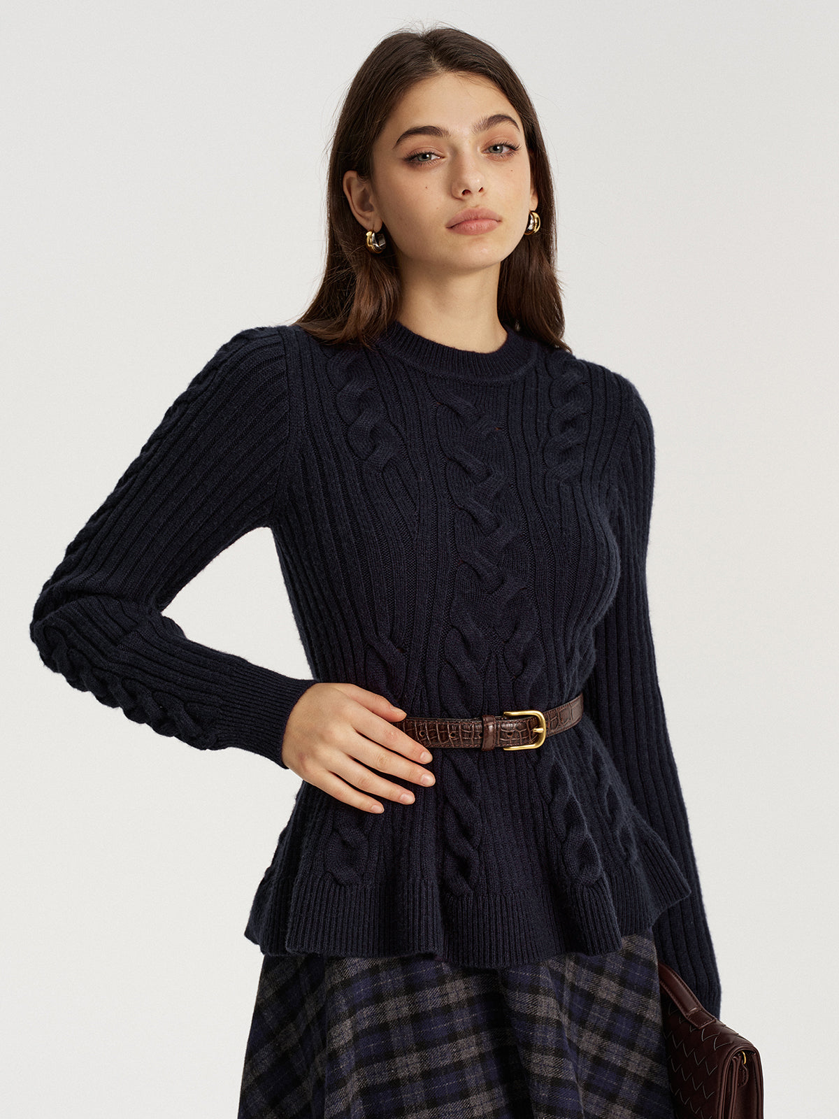 Cashmere-Blend Cable-Knit Sweater without Belt-Chicvia