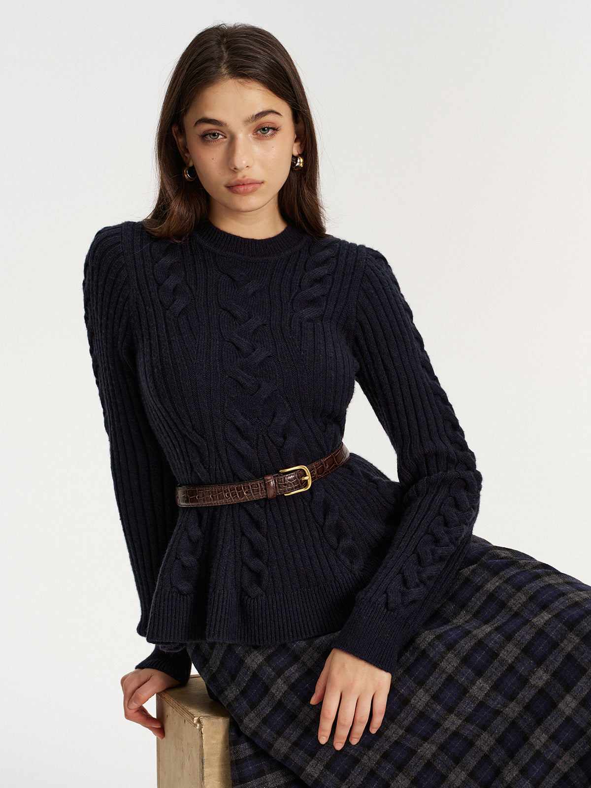 Cashmere-Blend Cable-Knit Sweater without Belt-Chicvia