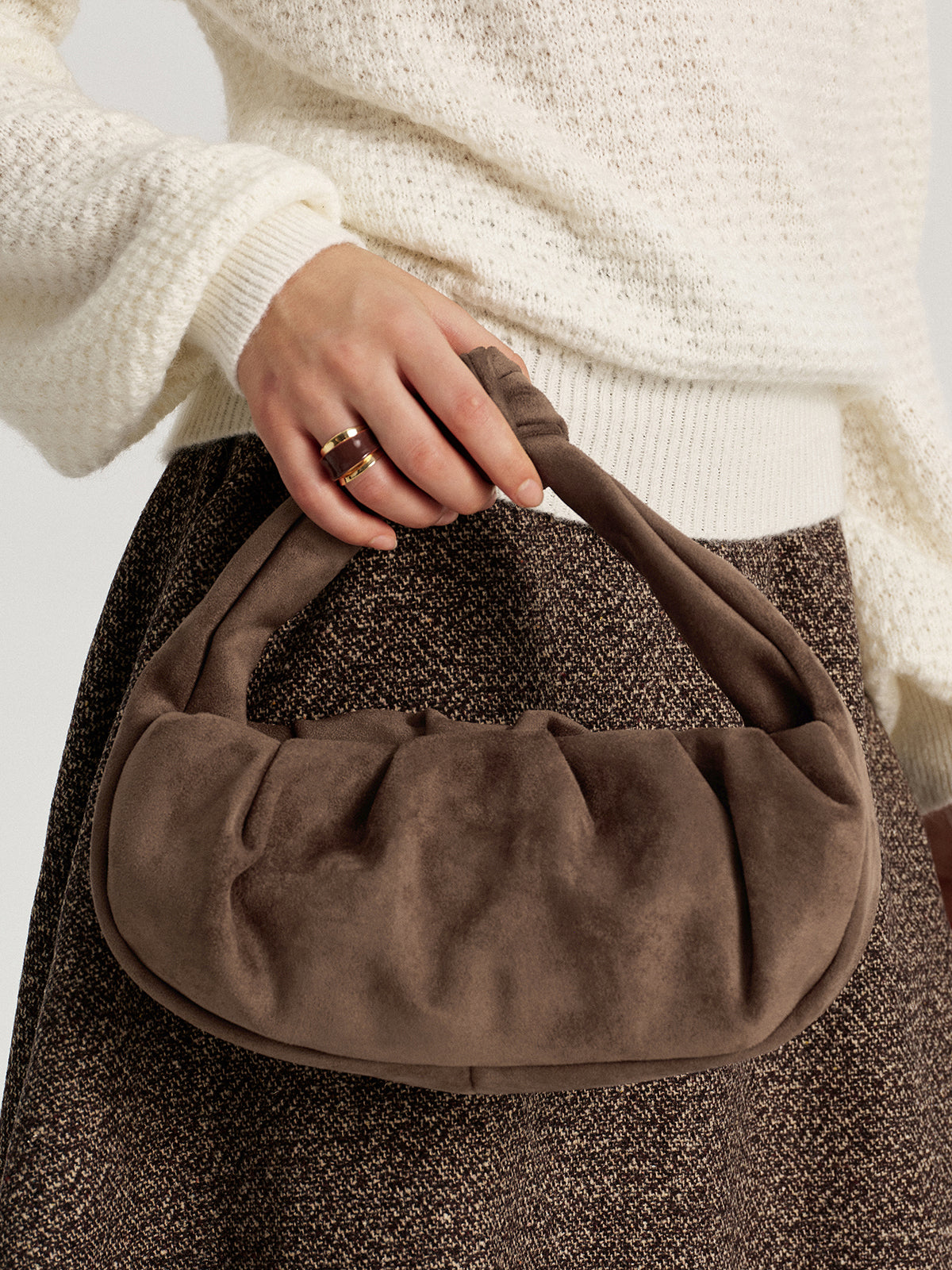 Faux Suede Knotted Top Handle Bag-Chicvia