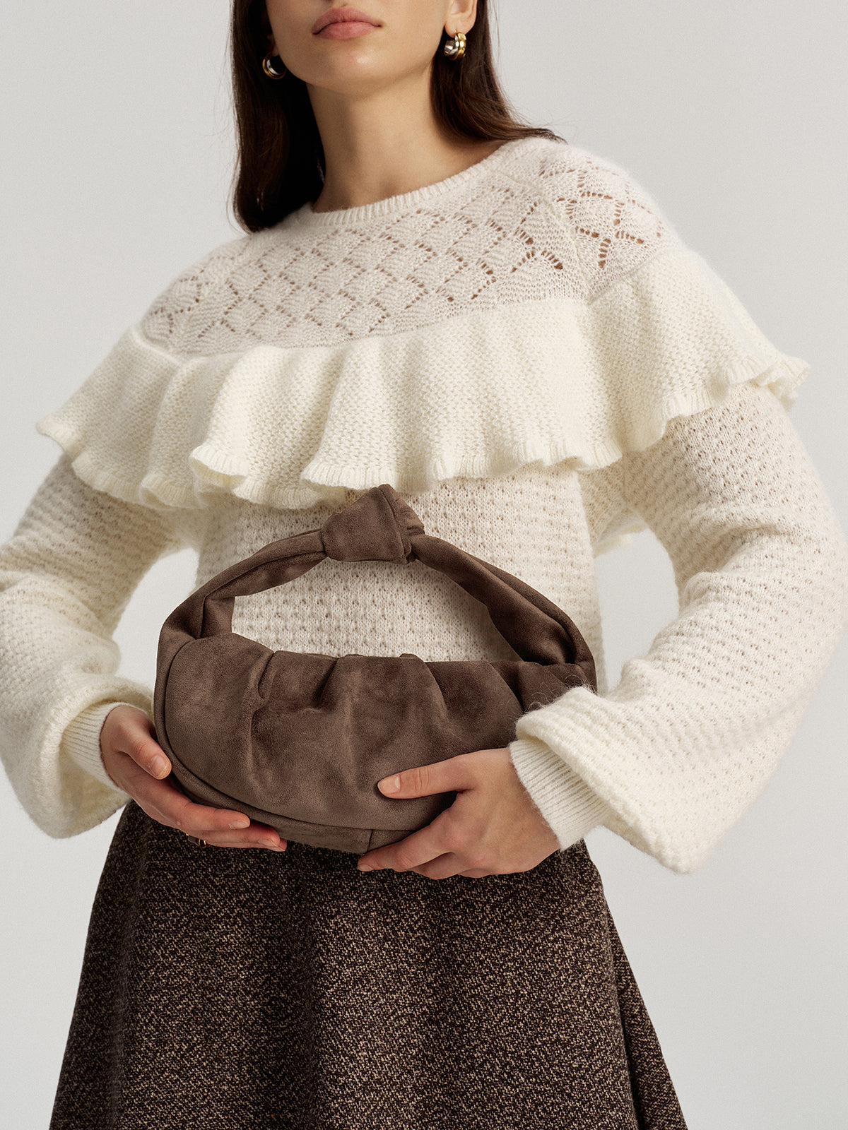 Faux Suede Knotted Top Handle Bag-Chicvia