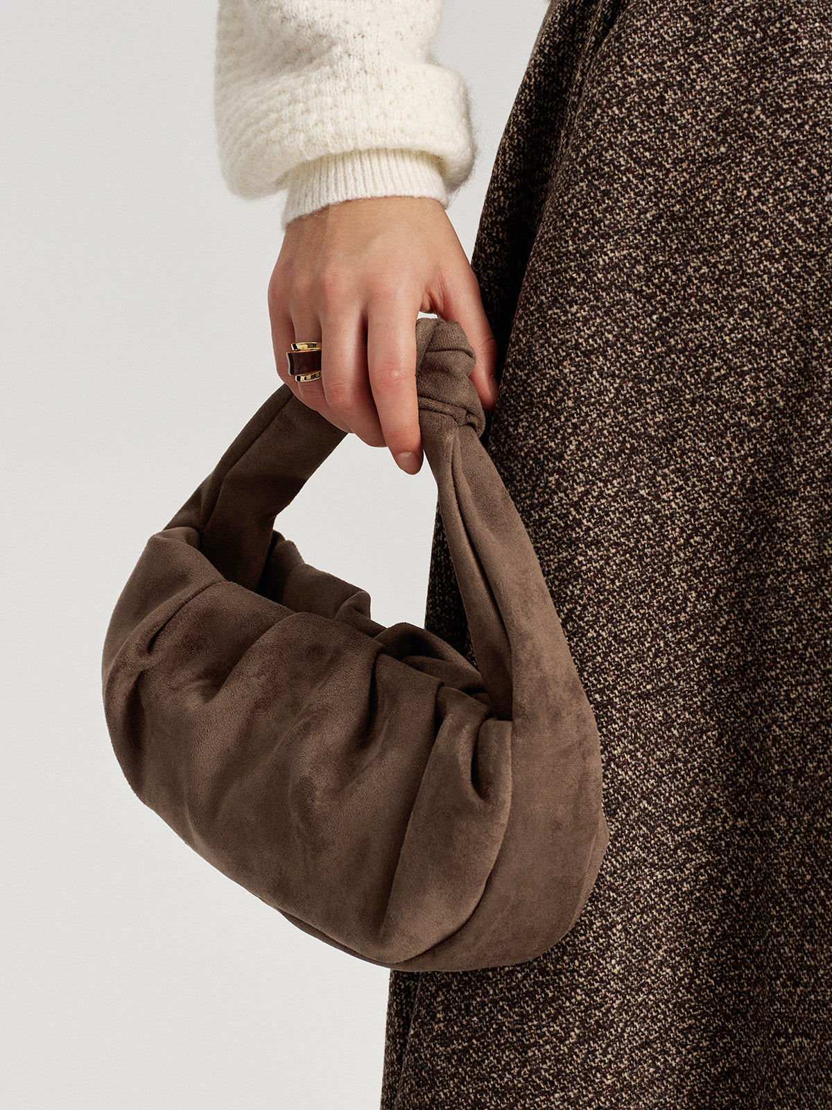 Faux Suede Knotted Top Handle Bag-Chicvia