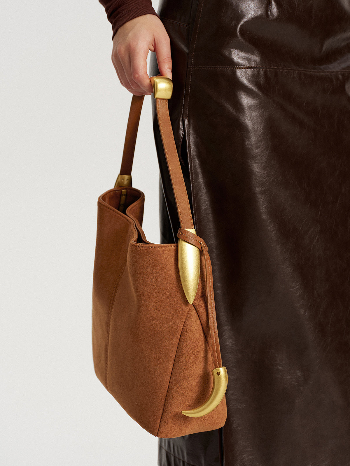 Metal Accent Faux Suede Hobo Bag-Chicvia